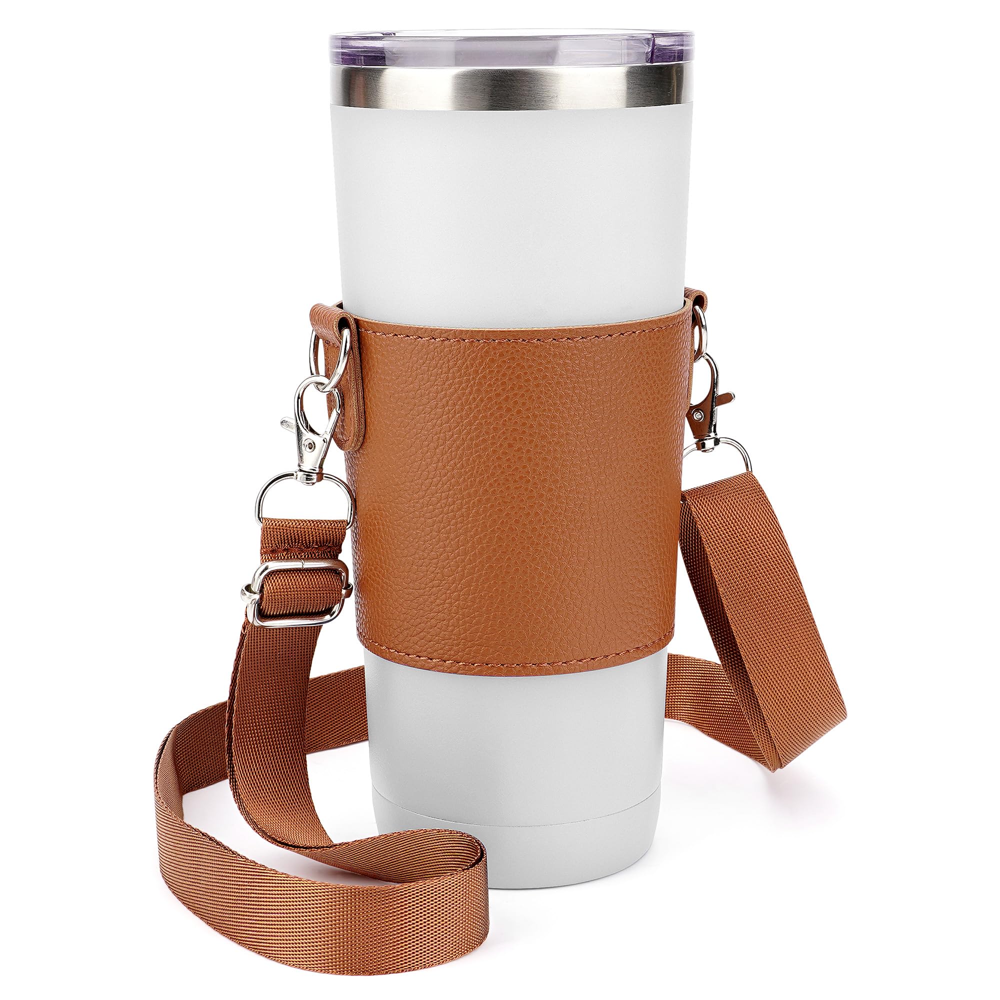 Linkidea Vegan Leather Tumbler Carrier with Strap Compatible with Iron Flask Classic 24oz, Simple Modern Tumbler, Cup Sling Bag Holder, Shoulder Strap, Light Brown