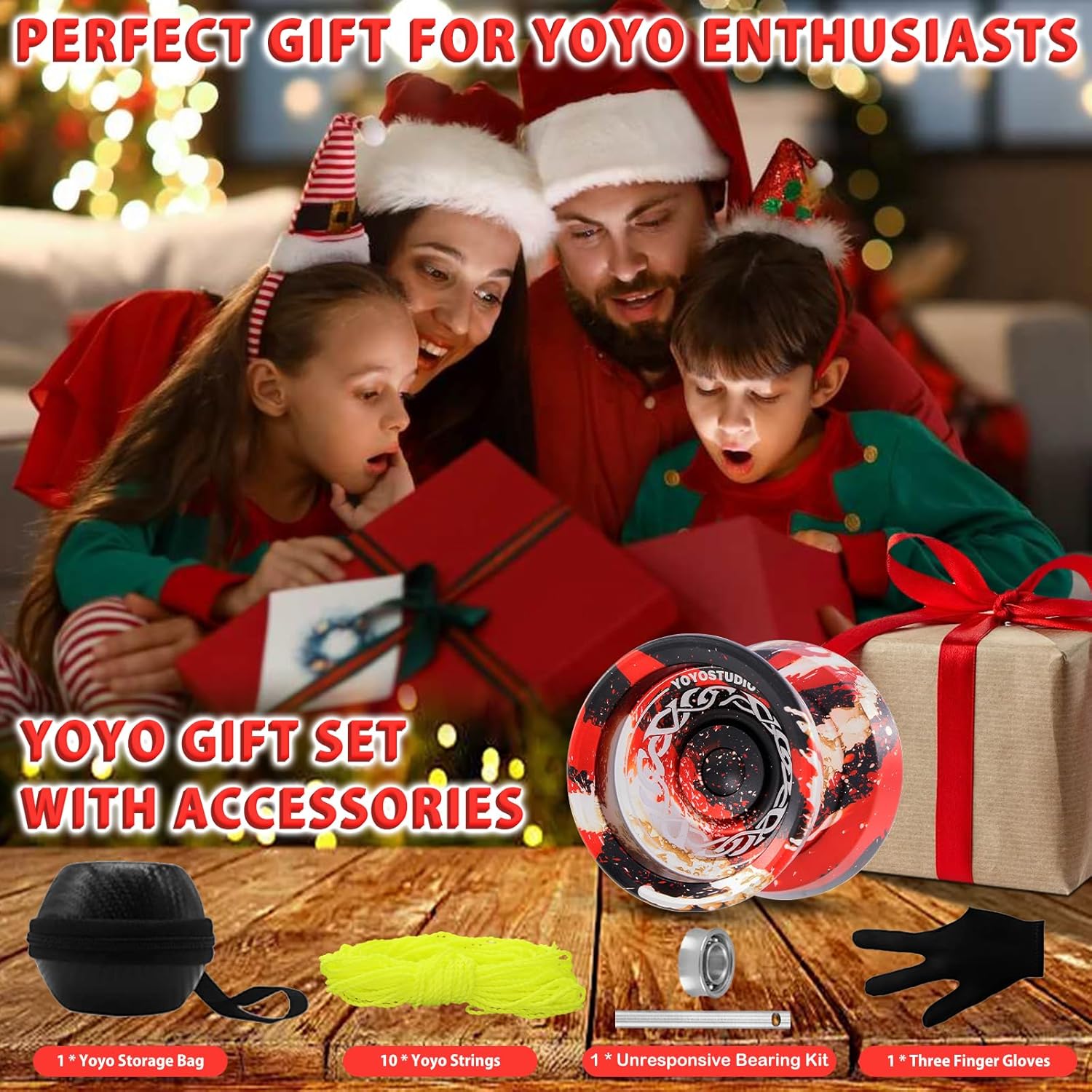 YOYOSTUDIO F25 Finger Spin Yoyo Professional Responsive Yoyo for Kids 8-12 & Adults, Professional Trick Yoyos with Unresponsive Yoyos Accessory Kit, 10 Yo-Yo Strings, Case & Glove - Black Red Silver