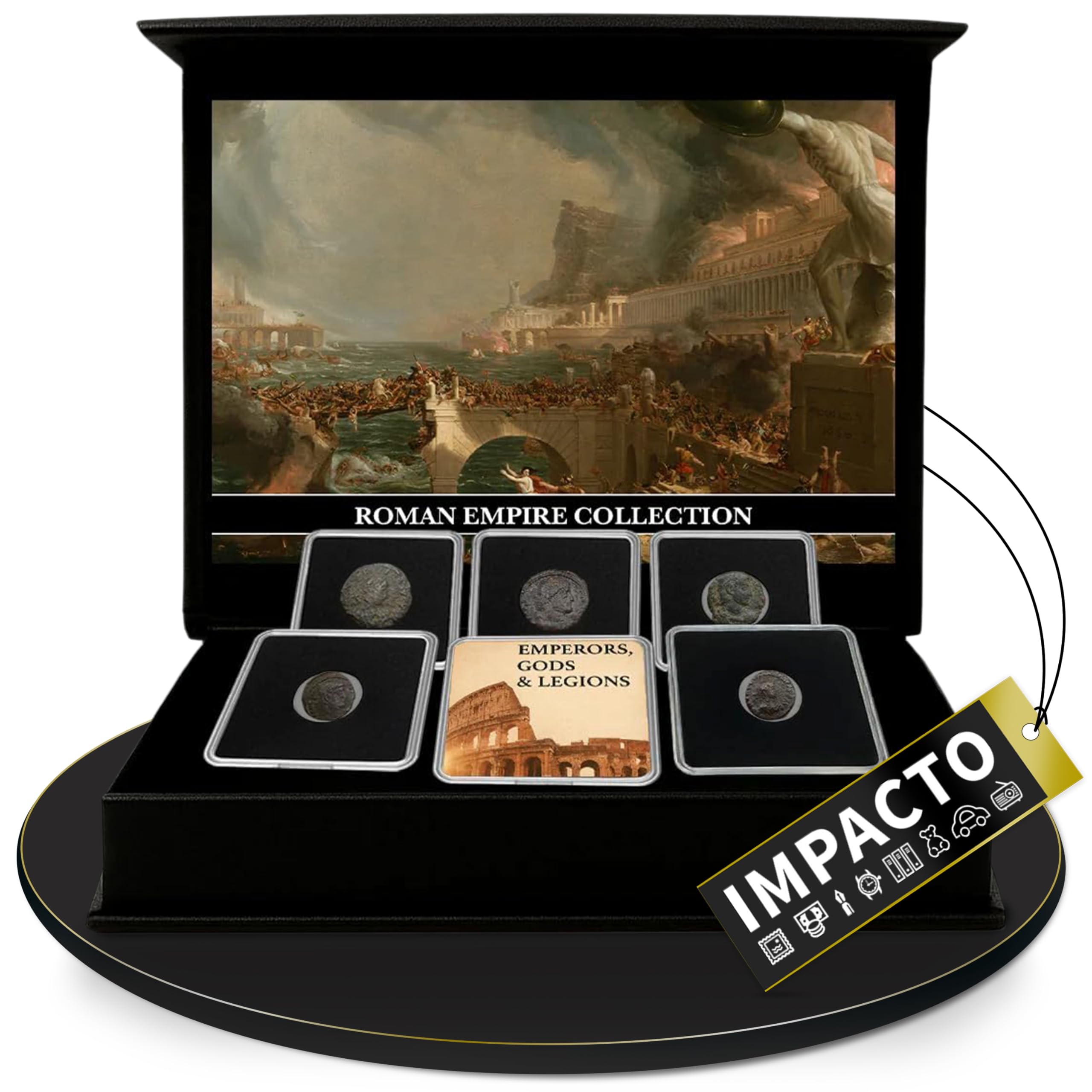 IMPACTO COLECCIONABLES | Edycja kolekcjonerska certyfikowanych autentycznych monet rzymskich, 5 sztuk cesarzy, legionów i bogów pod kapsułką: Historia Imperium w Twoich rękach
