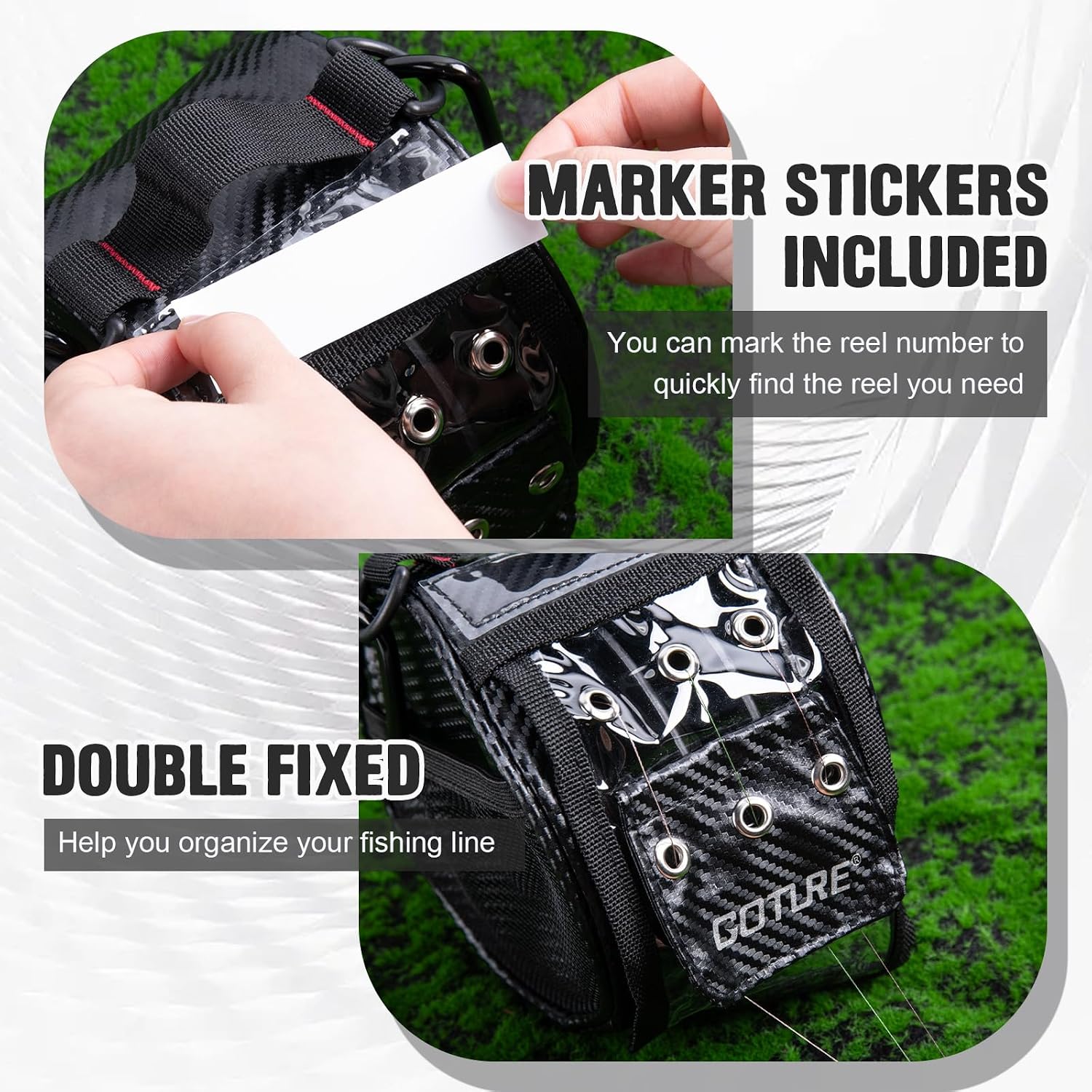 Goture 3/6 Outlet Holes Fishing Line Storage Bag, 2 Sizes Clear View Window Fishing Line Case, Removable Divider Fishing Line Organizer, Water-Resistant Surface, Tangle-Free Leader Line Spool Bag