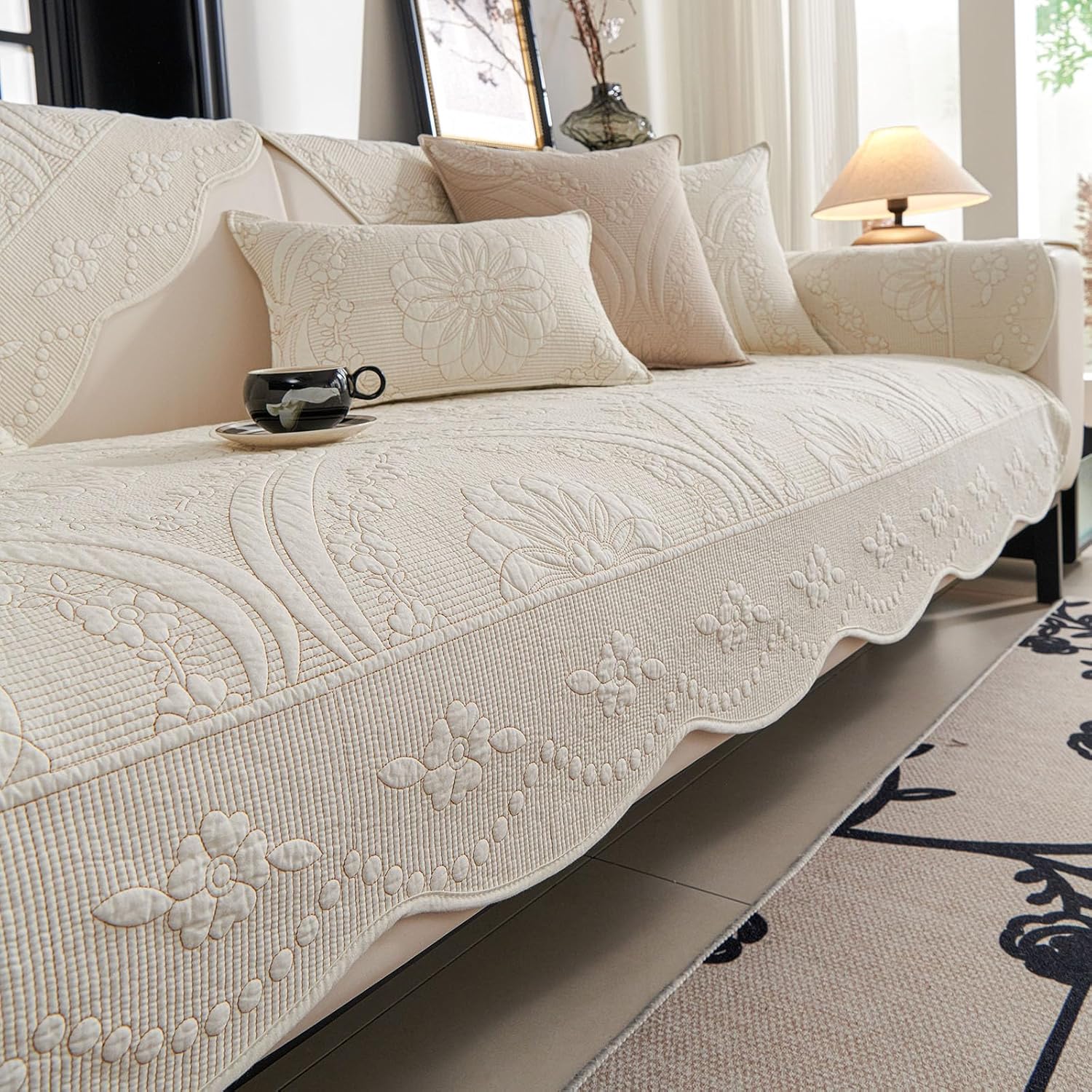 vctops Cotton Quilted Couch Cover Farmhouse Counrty Floral Embroidered Sofa Cover Non Slip Soft Scalloped Sofa Slipcover Washable Furniture Protector for Dog Pet Cat (Cream,28"x82")