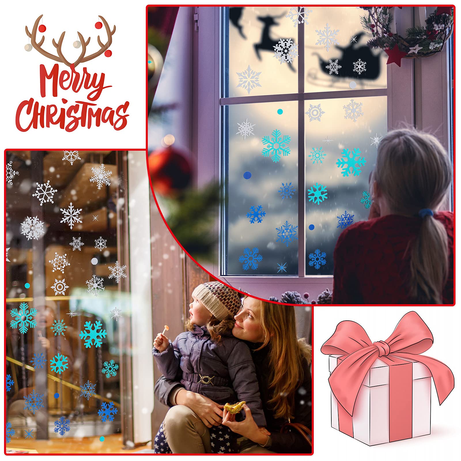 9 Adesivi Natalizi Glitterati Per Finestre – Blù, Pupazzi Di Neve E Fiocchi, PVC Statico Rimovibile, 20x30 Cm, Decorazioni Invernali Per Casa
