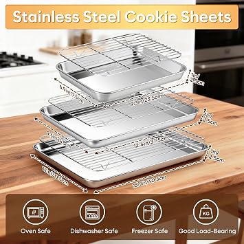 Fire More Baking Trays with Wire Rack, Set of 3 Stainless Steel Cookie Sheet Pan Set, Non Stick Baking Sheet with Cooling Rack for Oven Cooking, 9/12/16 Inch