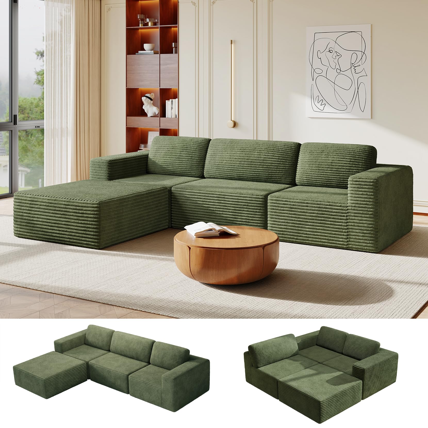 Vesgantti 303 cm Groß Modulares Ecksofa mit Schlaffunktion, Cordsofa mit Federkern, Extra Tiefe Sitzfläche, Boneless Schlafcouch, Für Wohnzimmer, Ohne Montage