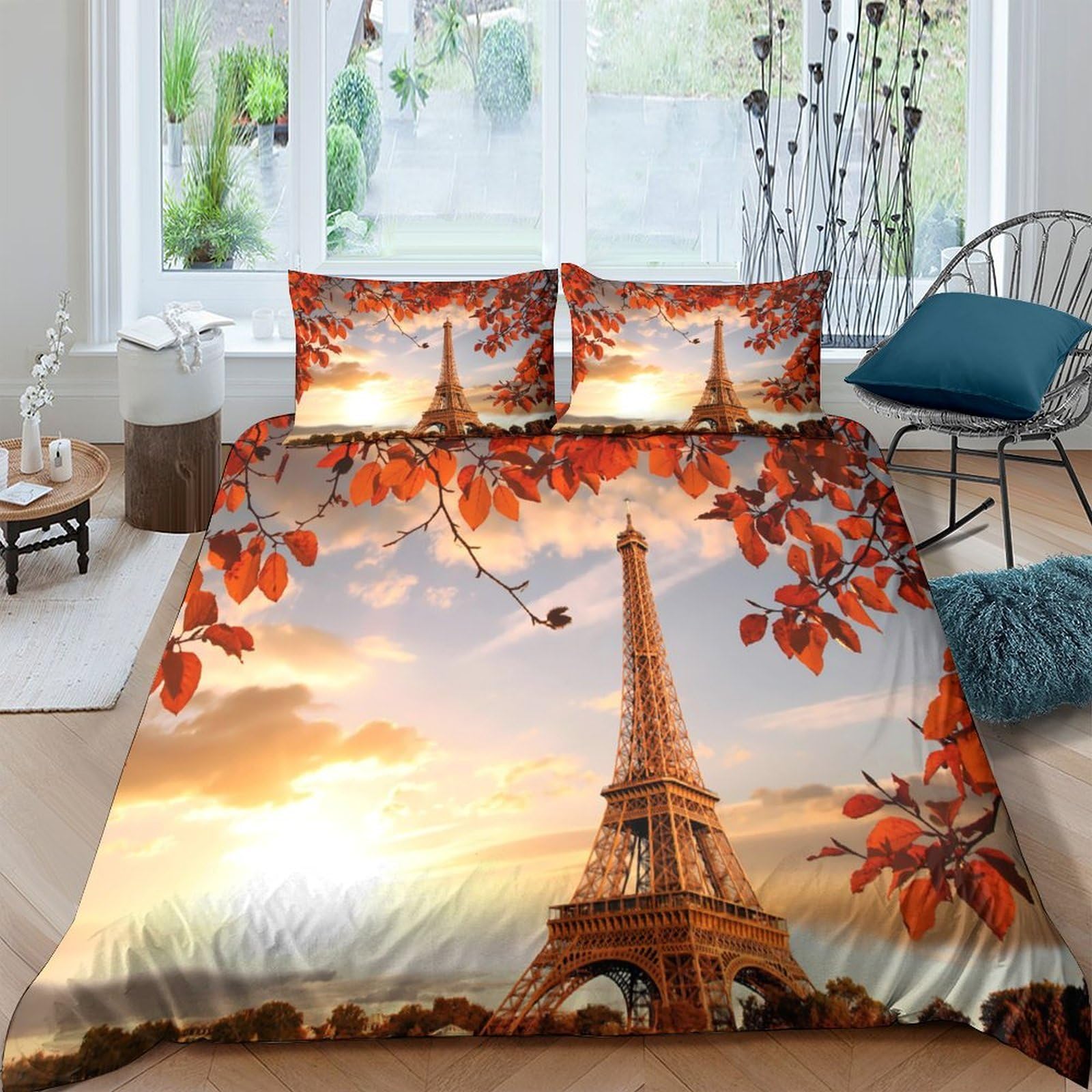 Ctjqhvkz Style-5 3D Printed Eiffel Tower Sunset Fitted Sheet Microfiber Soft Autumn Leaves Mattress Cover Bedroom Decor Single（135X200cm）