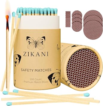 4-Inch Fancy Decorative Matches + Striker Pad 100 Count Blue Tip Wood Safety Matches for Candles, Bathroom & More Pretty Colored Match Stick Long Luxury Wooden Matchsticks Gift and Decor