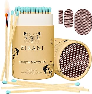 4-Inch Fancy Decorative Matches + Striker Pad (100 Count) Blue Tip Wood Safety Matches for Candles, Bathroom & More – Pretty Colored Match Stick – Long Luxury Wooden Matchsticks Gift and Decor