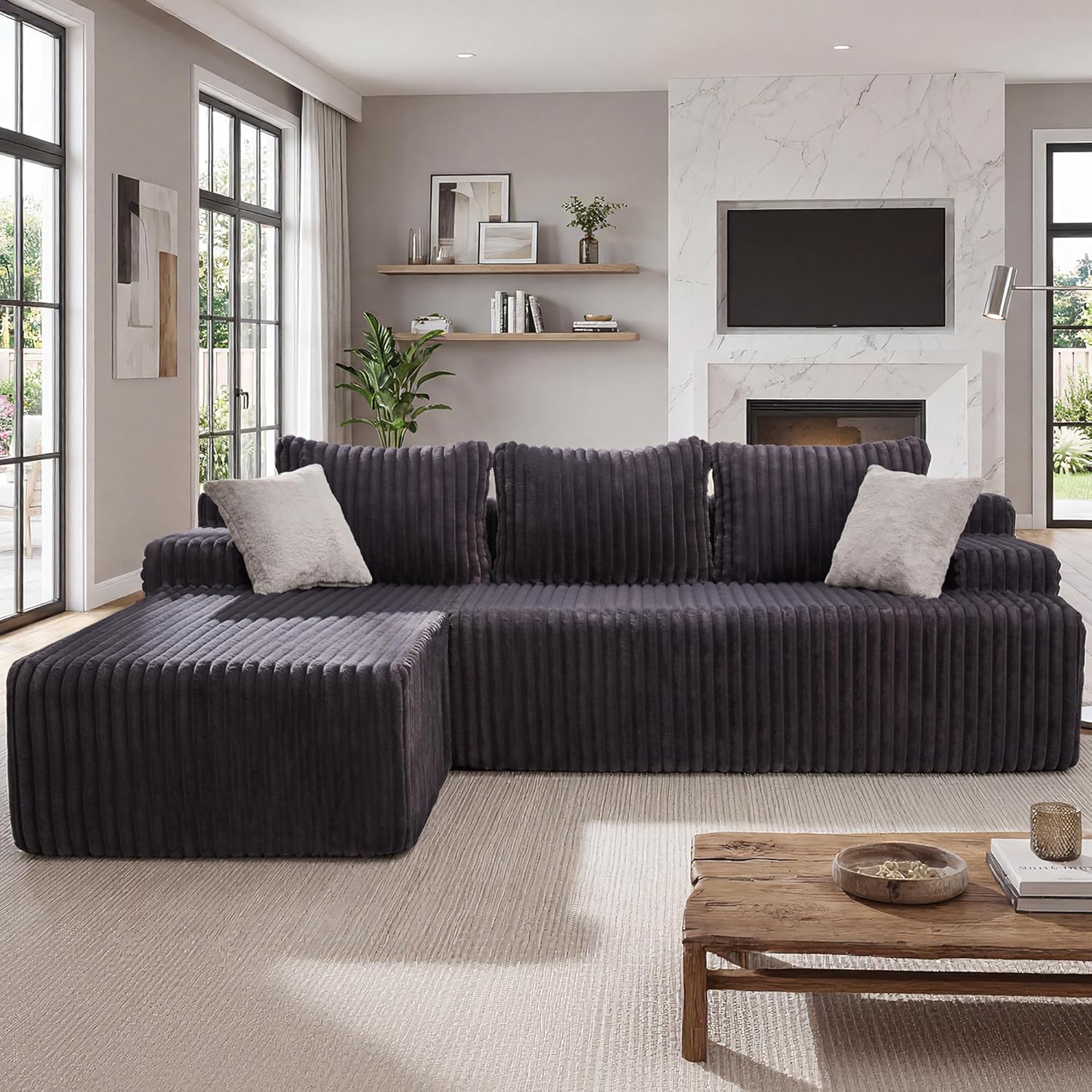 Modular Sectional - L-Shape Cloud Seating with Memory Foam, Convertible 3-Seat Living Room Furniture, Oversized Chaise Lounge, Washable Cover (Darkgrey, 109", Left Hand Facing)