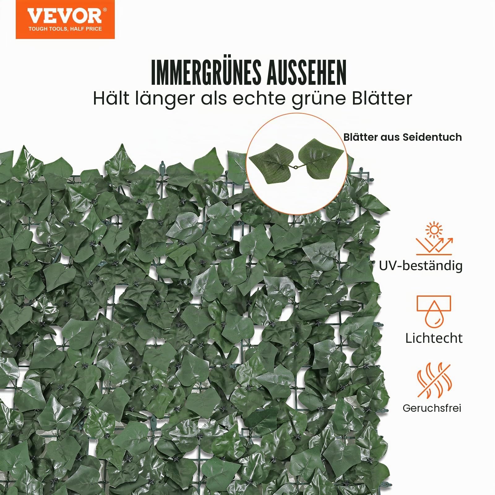 VEVOR Sichtschutzzaun aus Efeu, 1500 x 2490 mm, Pflanzenwand, grüner Efeuzaun mit verstärkter Verbindung, künstliche Hecken mit Weinblättern als Dekoration für Garten, Hof und Terrasse