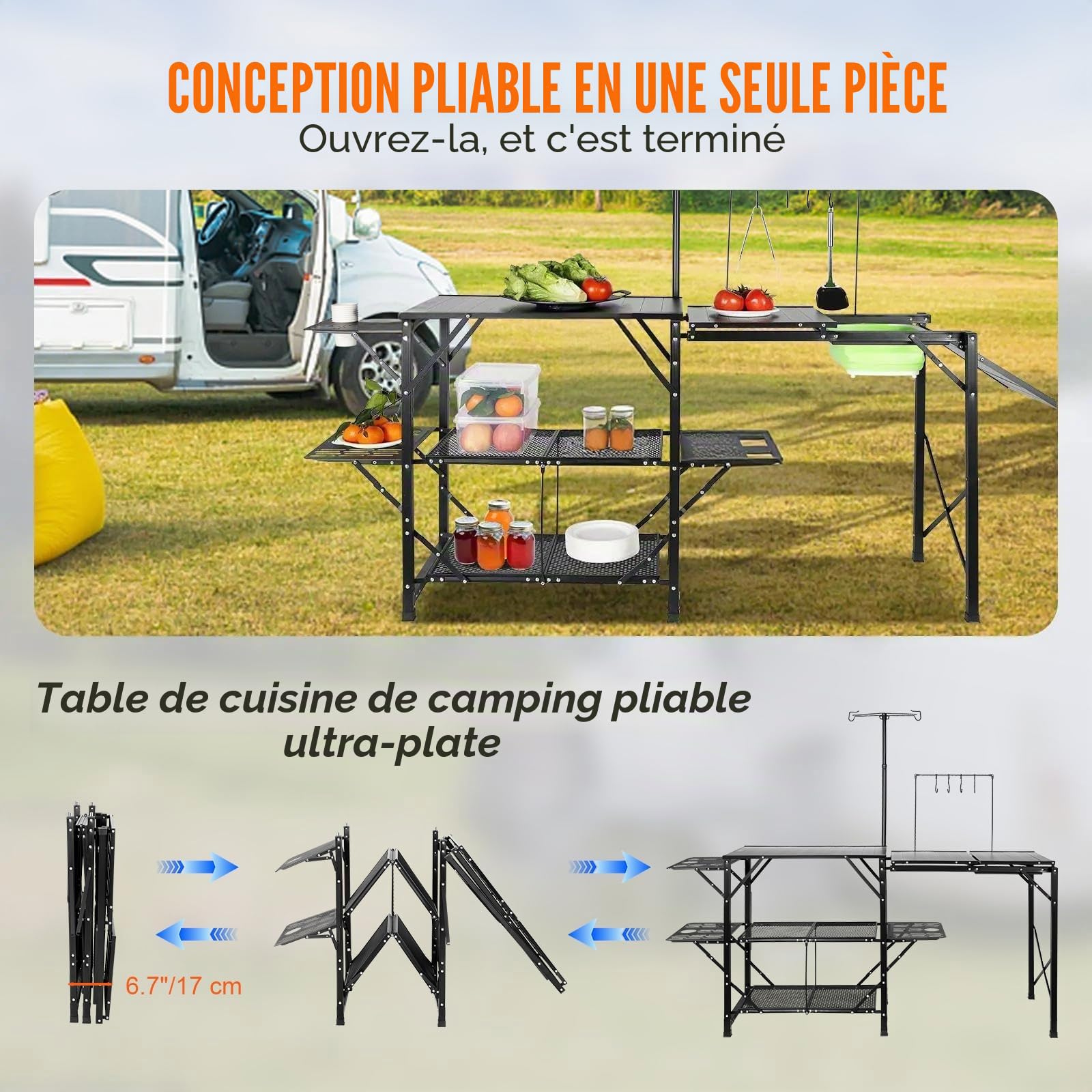 VEVOR Cuisine de Camping 174 x 50 x 160 cm Table de Camping Pliable Structure en Alu 5 Comptoirs Meuble de Cuisine avec Sac de Transport Évier Amovible Installation Facile pour BBQ Pique-Nique Jardin