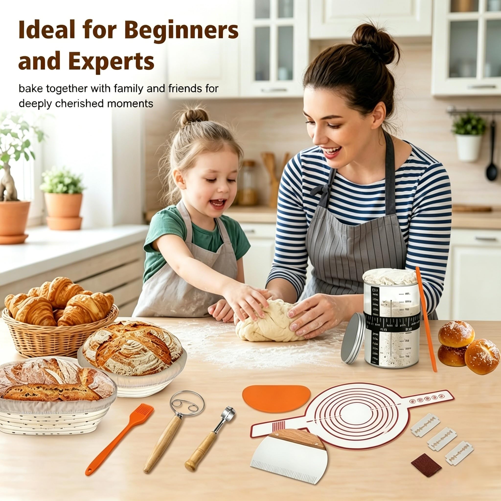 Banetones para Pan Kit, Cesta Fermentación Masa Madre con Banneton, Cuchillo para Pan, Mezcladora, 17 Piezas Kit Pan Casero para Principiantes, Sourdough Starter Kit Completo