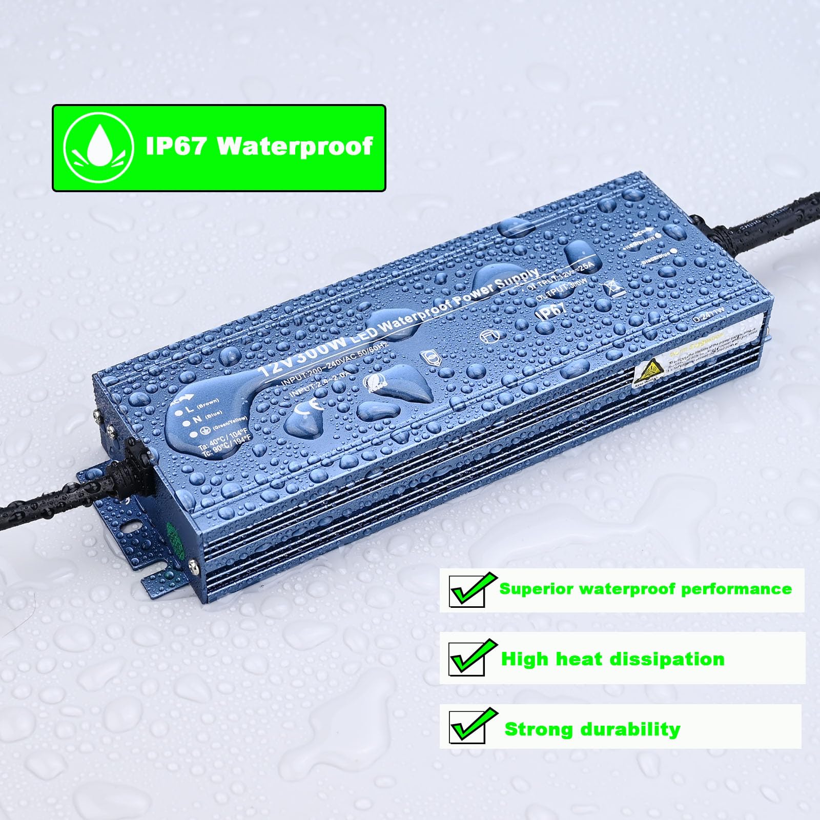 TOPAI Fuente de Alimentación 12V 300W IP67 Impermeable Certificación CE Transformador CA 220V-240V a CC 12V 25A Carcasa de Aluminio Con Enchufe UE