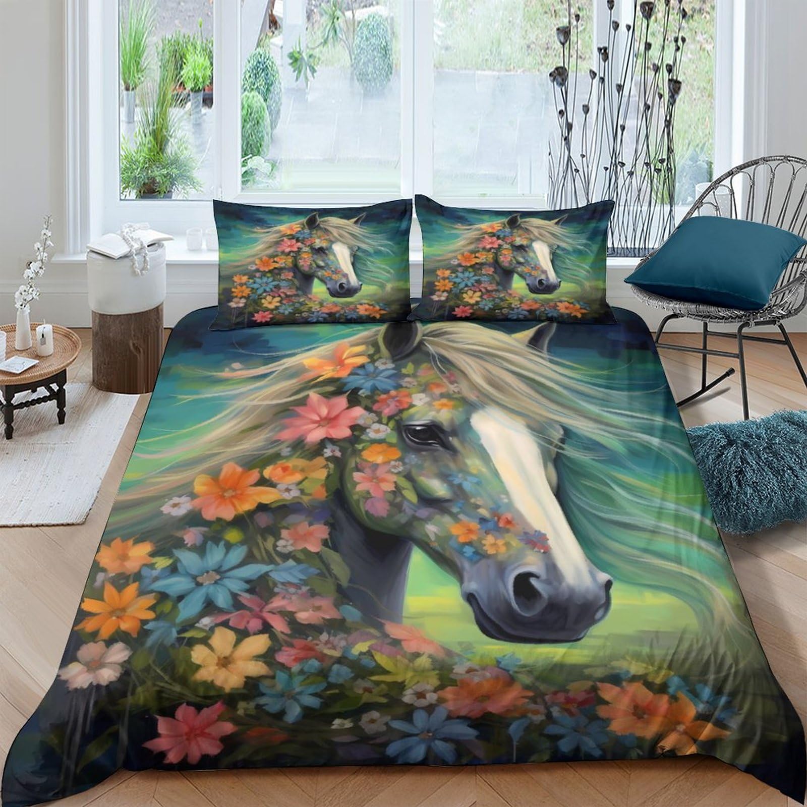 Parure de lit fleurs et chevaux 3D housse de couette imprimée 200x200