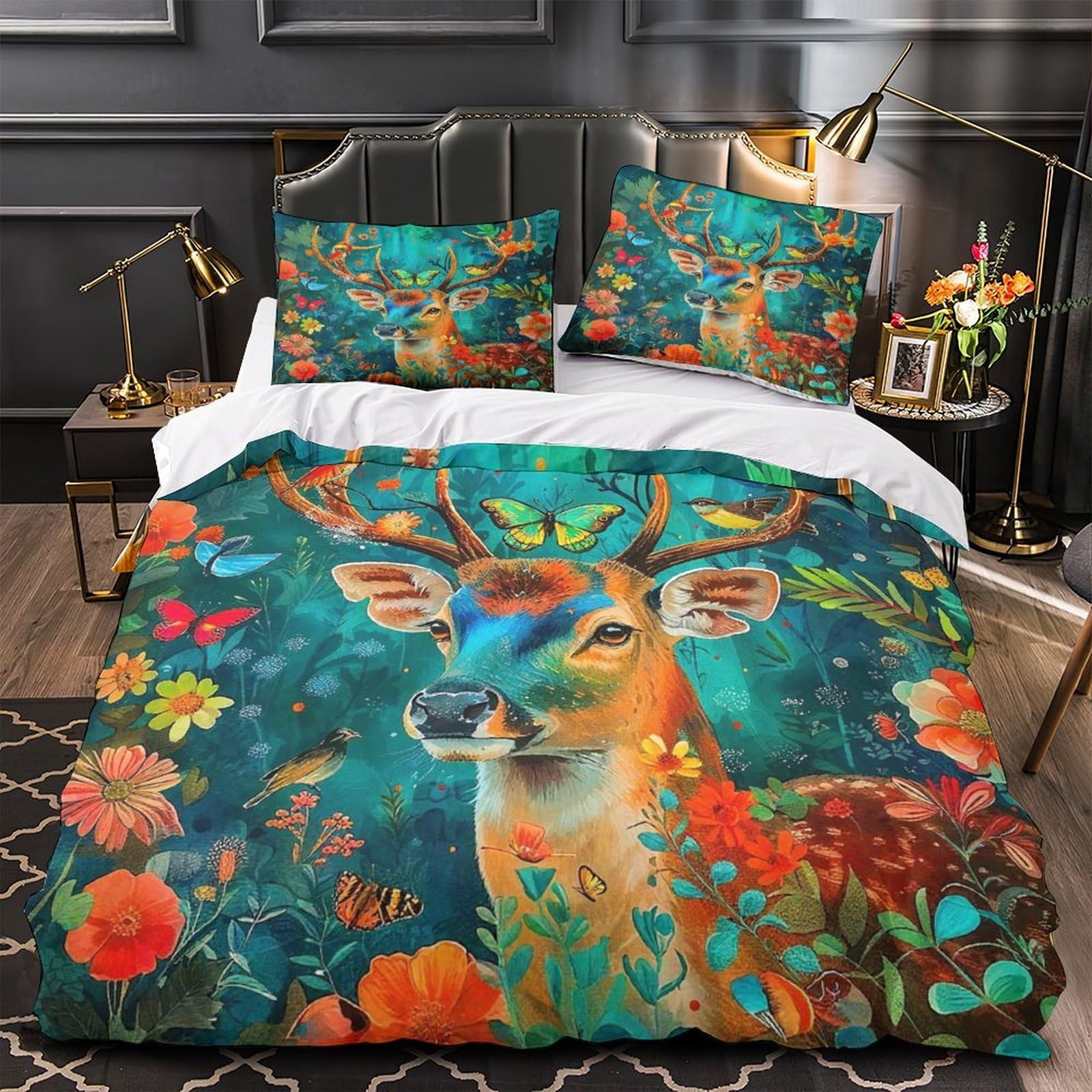 Ensemble de lit imprimé cerf en microfibre King 220x240cm avec taies