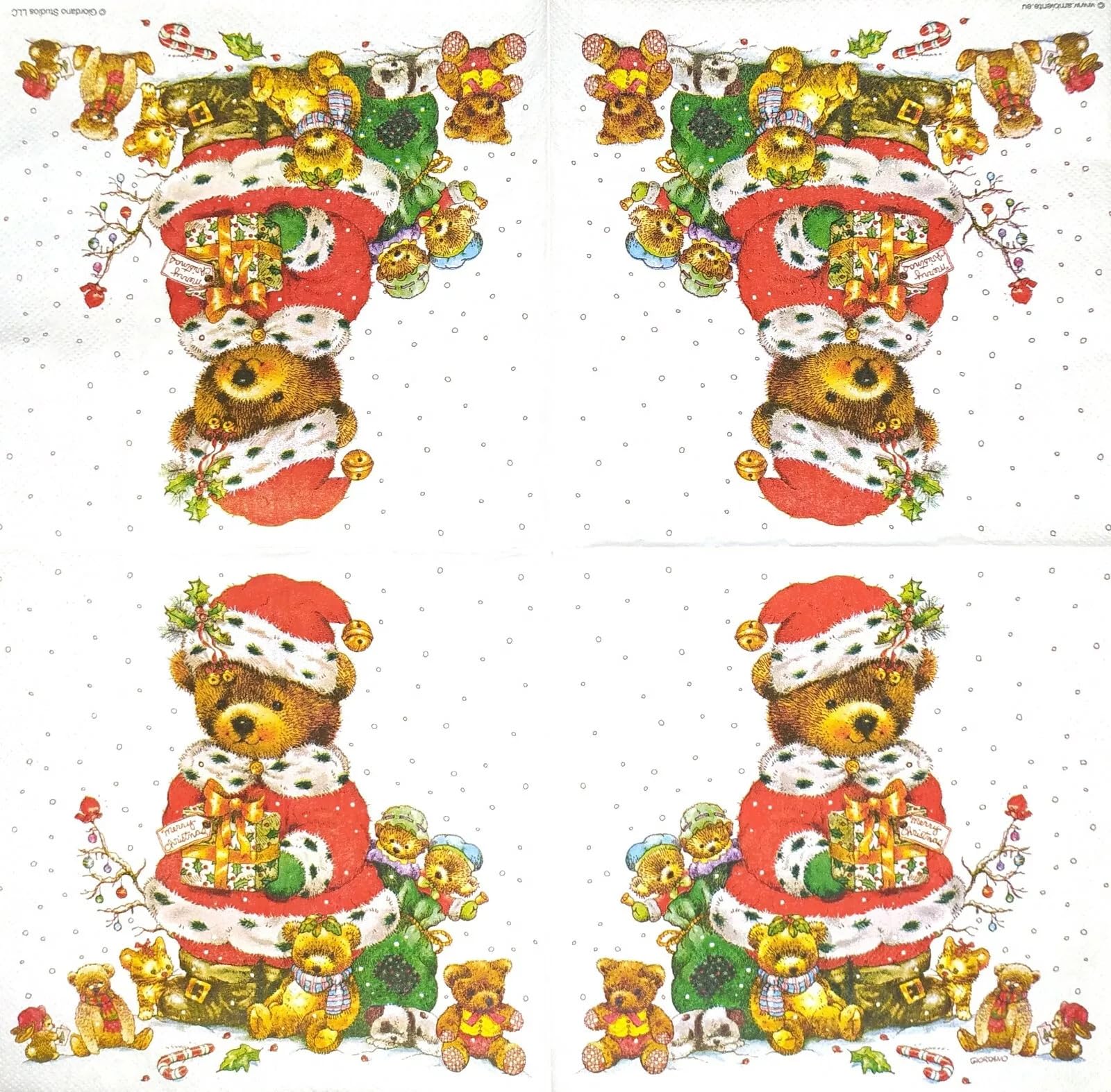 Set of 2 Individual Decoupage Paper Party Napkin Christmas Santa Bear Watercolor Decor Luncheon Napkins for a Birthday Holiday, Wedding, Cocktail Party
