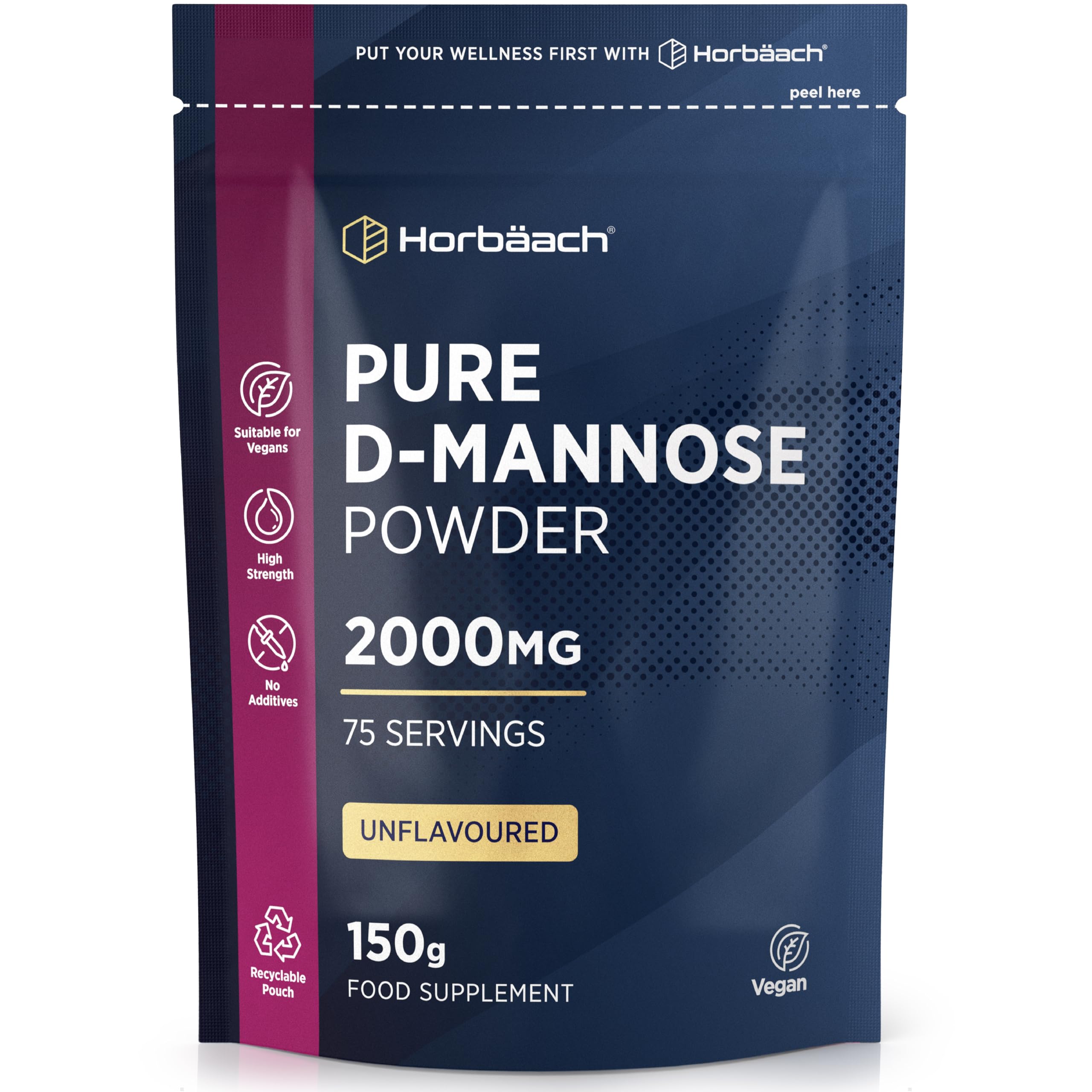 D Mannose Pure Powder 150g | 2000mg | Unflavoured | Natural & Filler Free | Vegetarian & Vegan Friendly | High Strength Food Supplement | by Horbaach