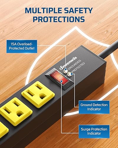 Miniatura 3 de DEWENWILS Regleta de alimentación industrial, 8 tomas de corriente espaciadas, tira de alimentación de taller de metal, protector de sobretensiones