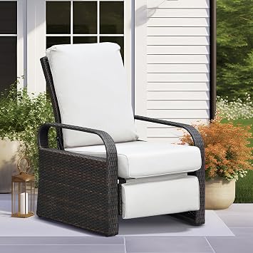 ATR ART TO REAL Outdoor Wicker Recliner Chair with 5.5 Cushions, Automatic Adjustable Patio Lounge Chairs, Aluminum Frame Reclining Chair for Lawn Backyard Porch Poolside Deck White