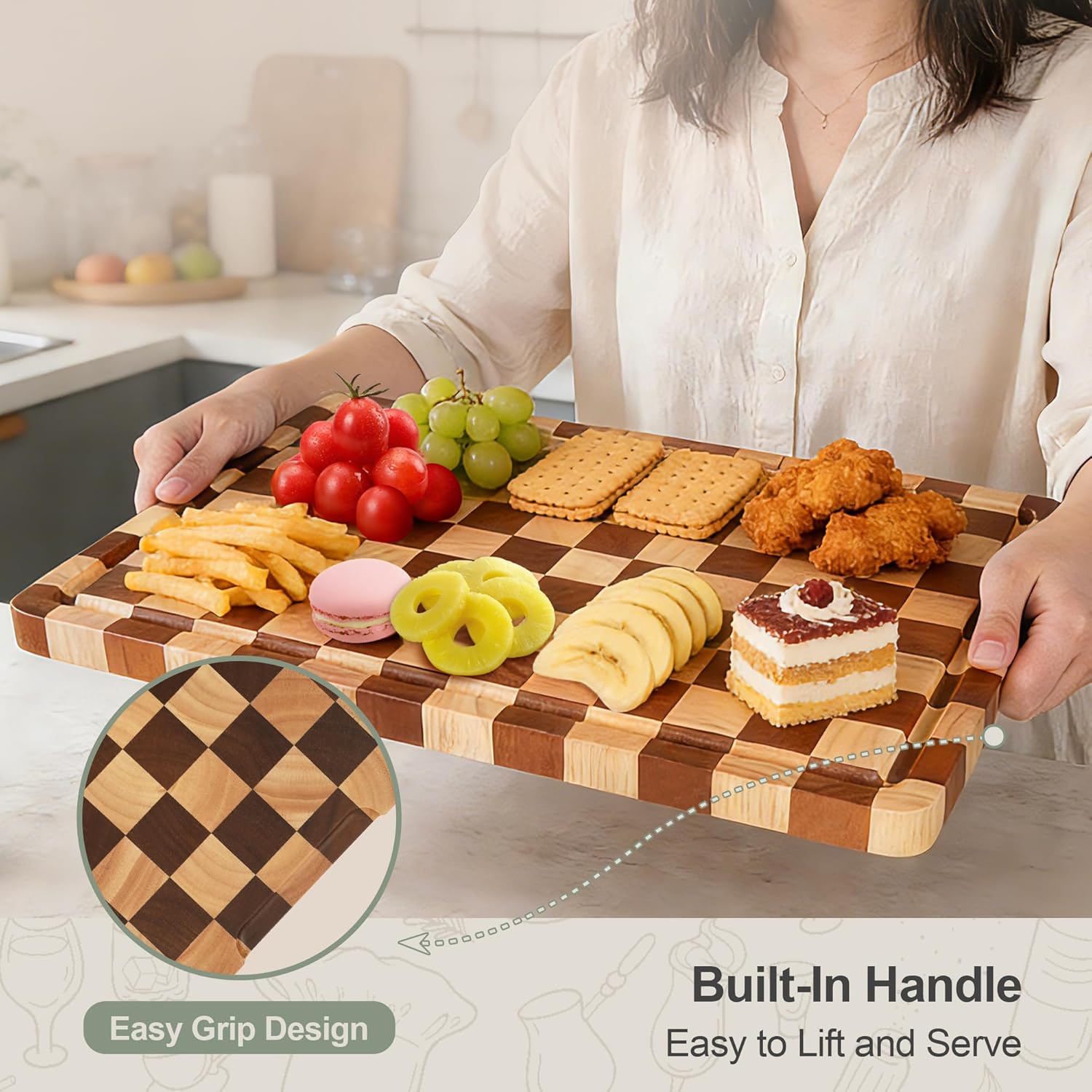 Checkered Cutting Board Set, 3-Piece Wood Checkerboard Cutting Boards for Kitchen with Stand, Chopping Board Set with Juice Groove & Handle for Meat, Vegetables, Cheese & Serving