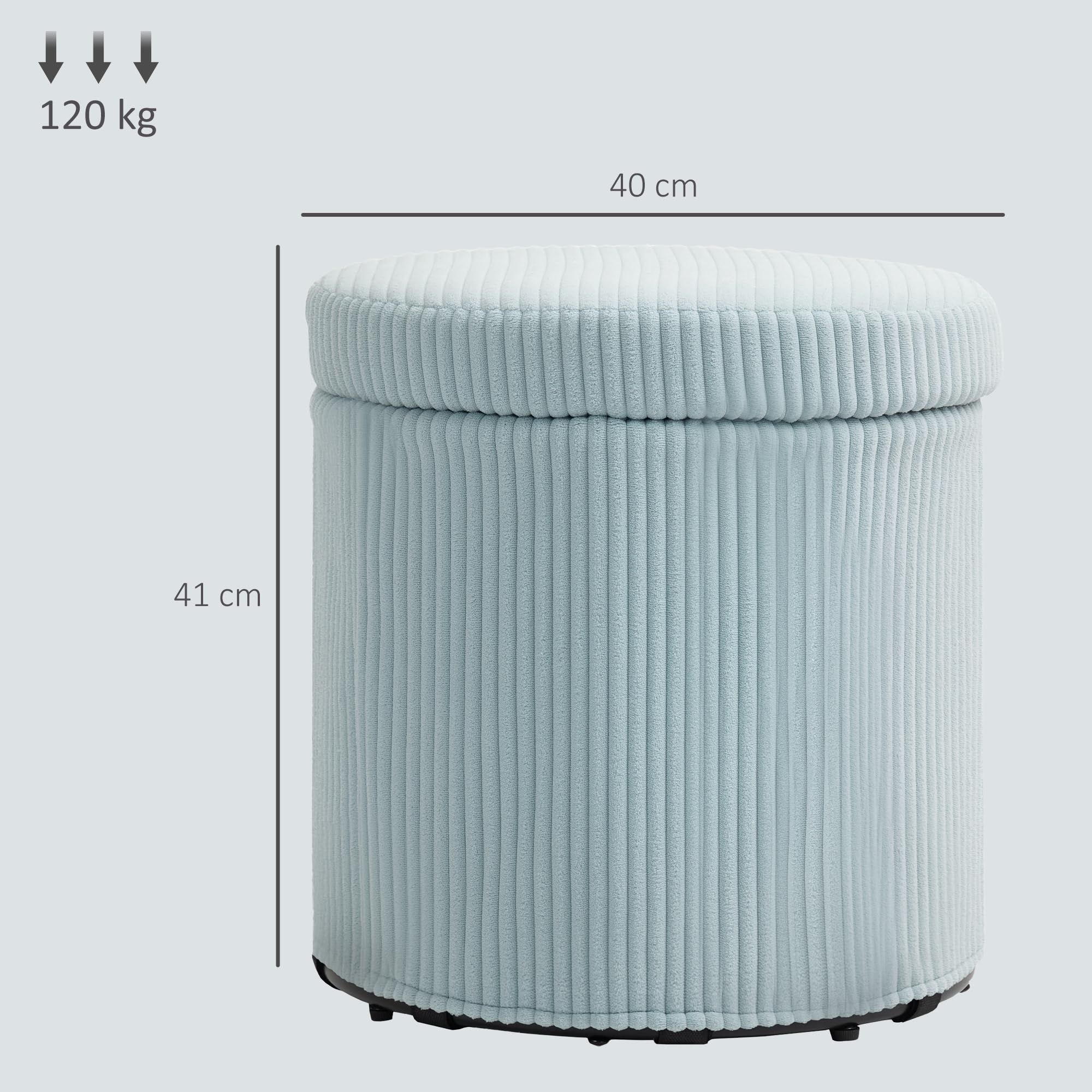HOMCOM Puff Almacenaje Baúl de Almacenaje Redondo Tapizado en Pana Asiento Acolchado Tapa Extraíble para Pasillo Dormitorio Salón Ø40x41 cm Azul Claro