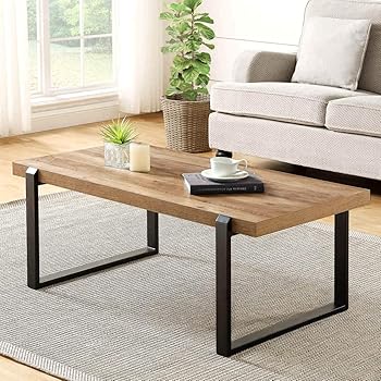 FOLUBAN Rustic Coffee Table,Wood and Metal Industrial Cocktail Table for Living Room, 47 Inch Oak