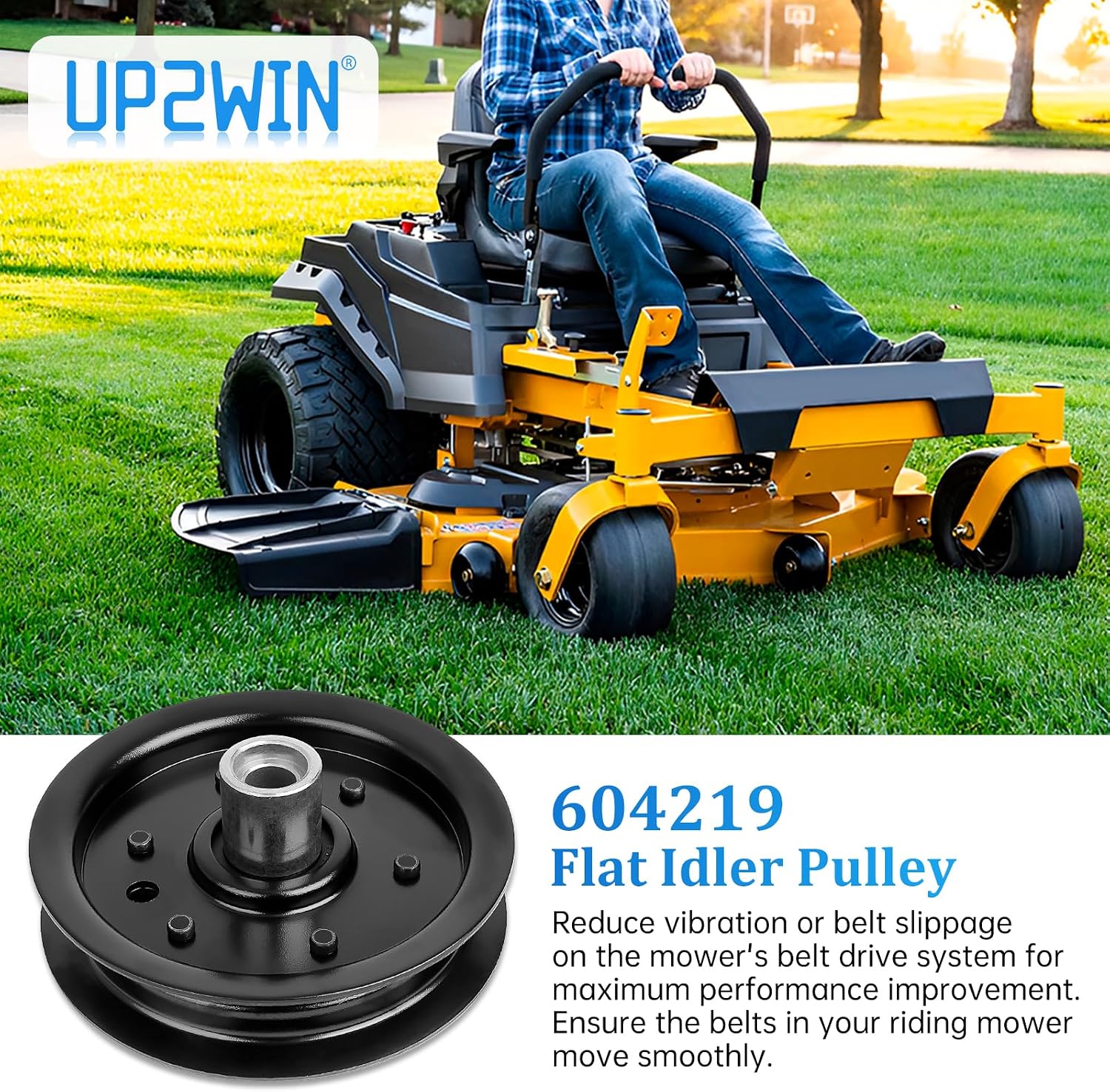 UP2WIN 604219 Flat Idler Pulley Compatible with Hustler Dash 34" 42" Raptor 36" 42" 52" 54" Mower Deck, 126123 Idler Pulley Compatible with 939223 938498 938977 933614 934802, Replaces Rotary 15211
