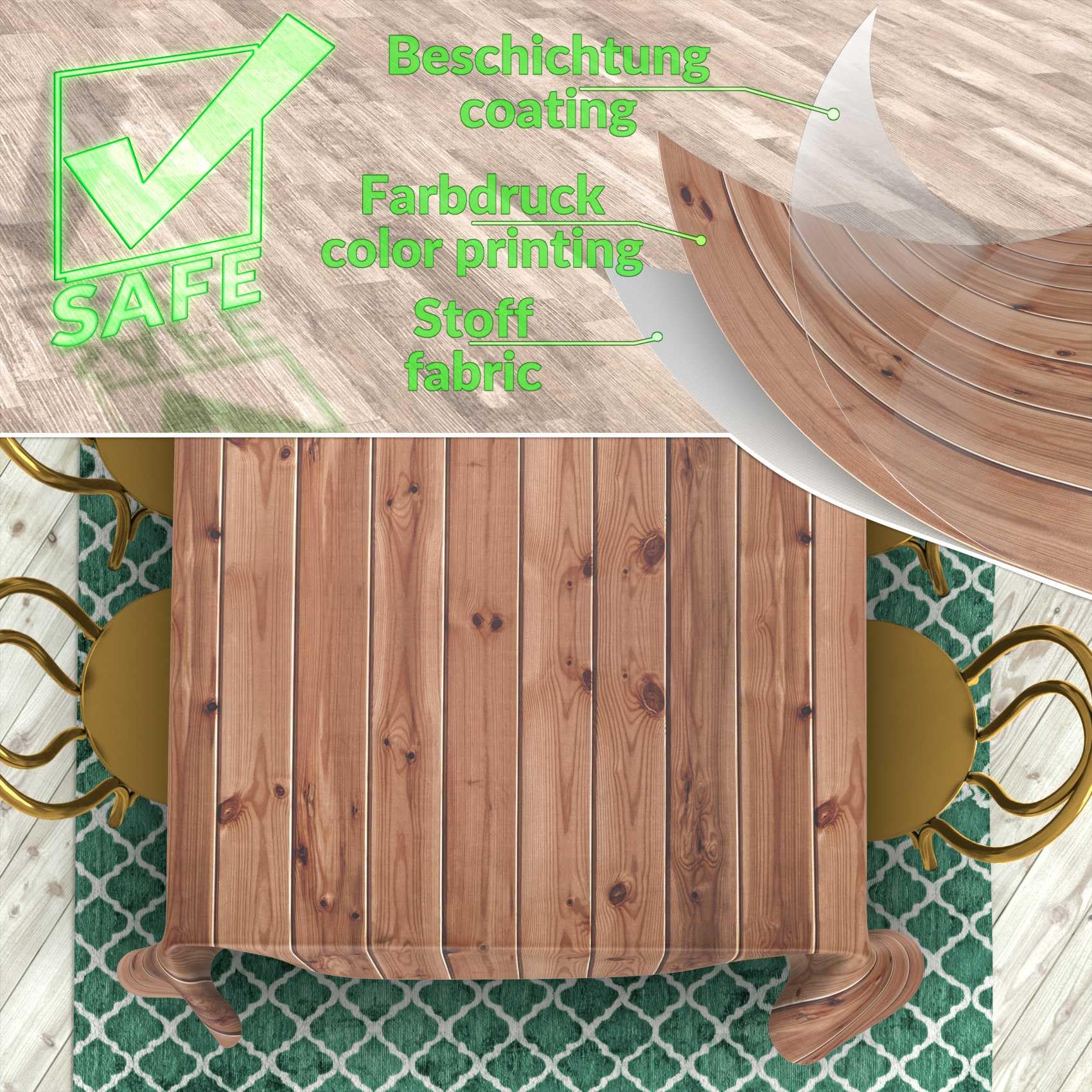 Mantel de Tela Decoración Cubre Manteles para Mesa de Comedor, Algodón y Poliéster, Lavable, Fácil de Limpiar, Redondo, Ovalado, Rectangular, Madera, Marrón, 400 x 140 cm, Borde de Corte