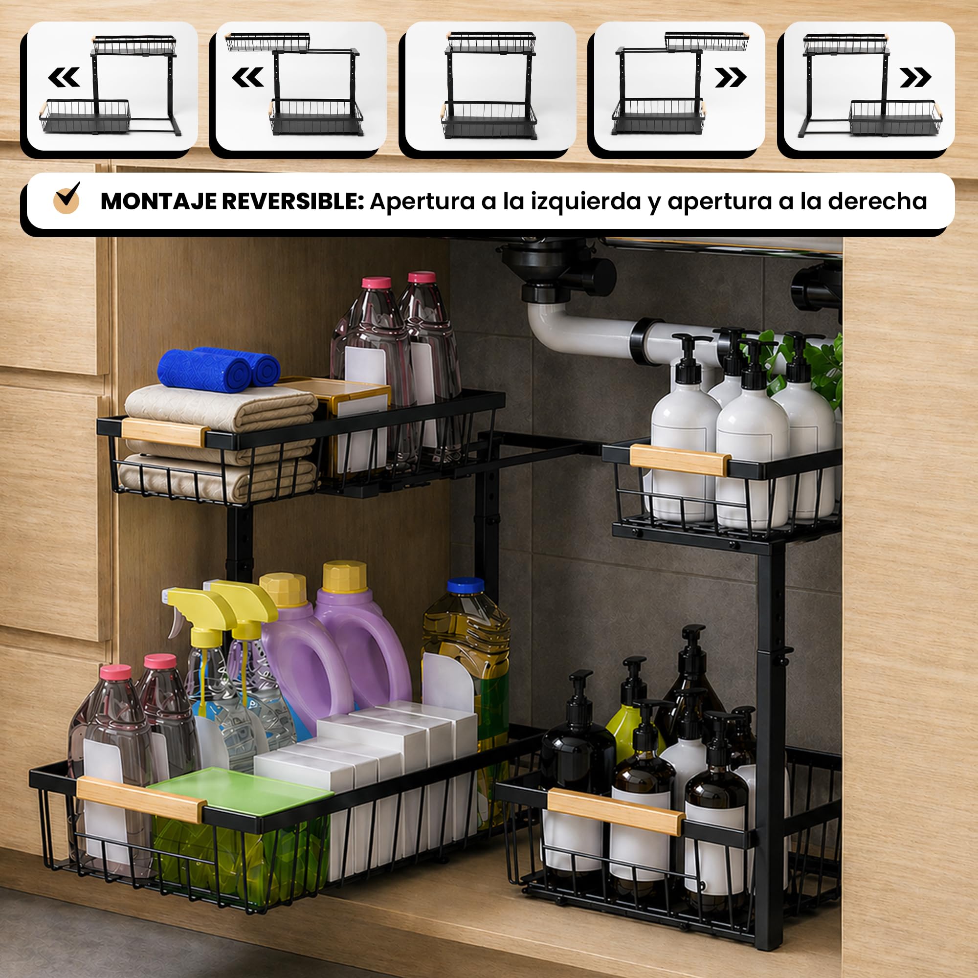 Confezione da 2 organizer sotto lavello compatto regolabile (28-42 cm) con 2 panni in microfibra, scaffale metallico per cucina e bagno, design speciale per sifone e tubi a U, colore nero