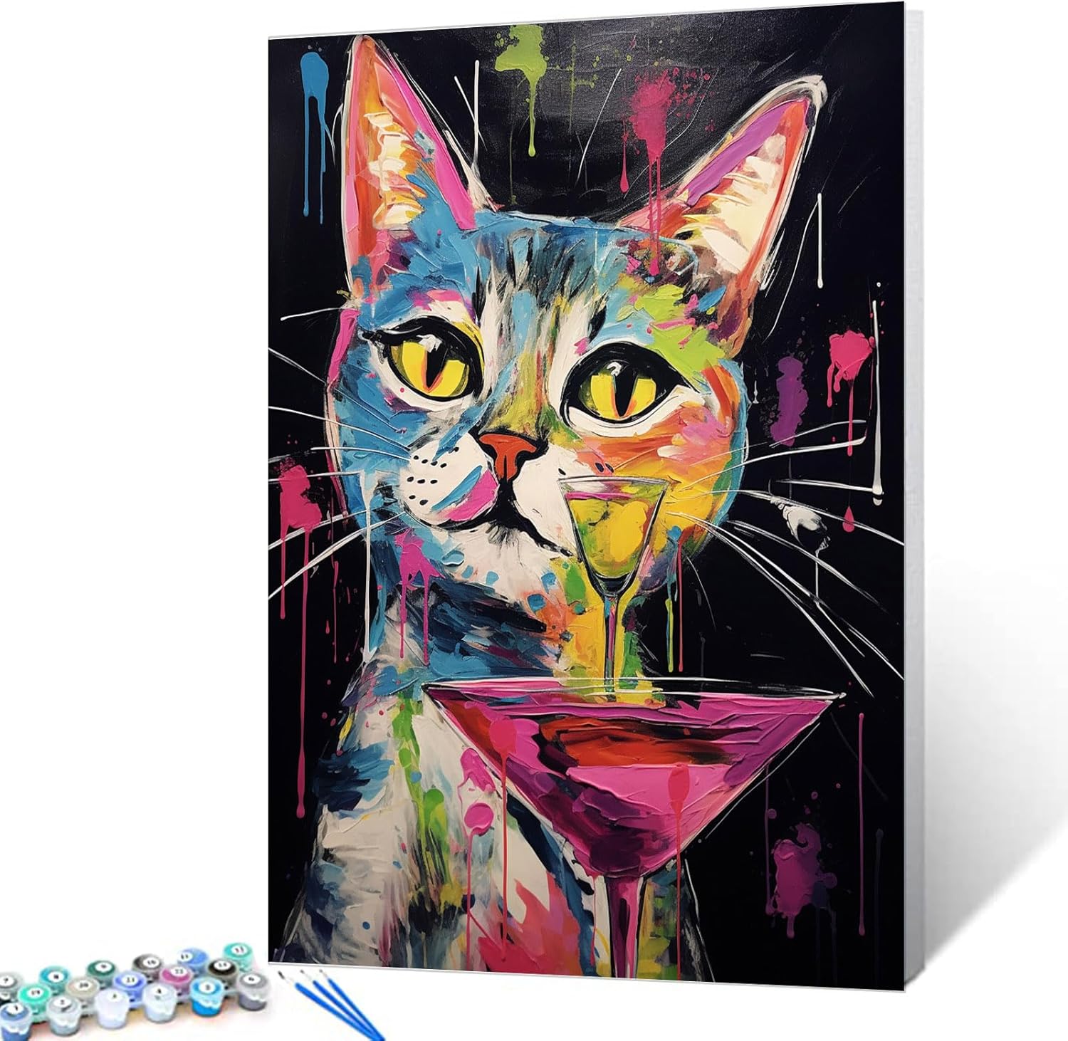 Tucocoo Cat Colorful Paint by Numbers Kits with Brushes and Acrylic Pigment on Canvas Painting for Adults, Close-up Animal Goblet Picture for Home Wall Decor Gifts 16''x20'' (DIY Framed)