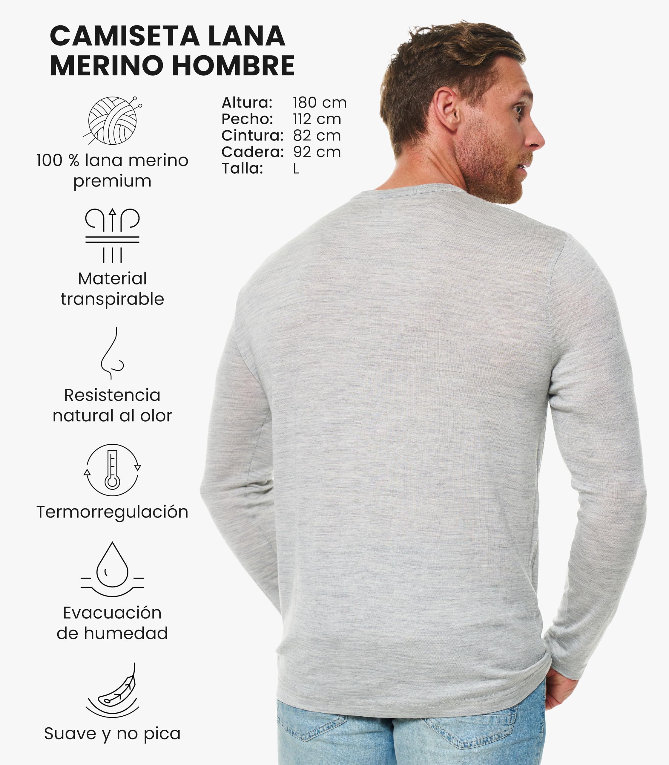Merino.tech Camiseta Manga Larga Lana Merino Hombre - 100% Lana Merino | Cuello redondo o en V, no pica, ideal para casual u oficina, antiolores, transpirable