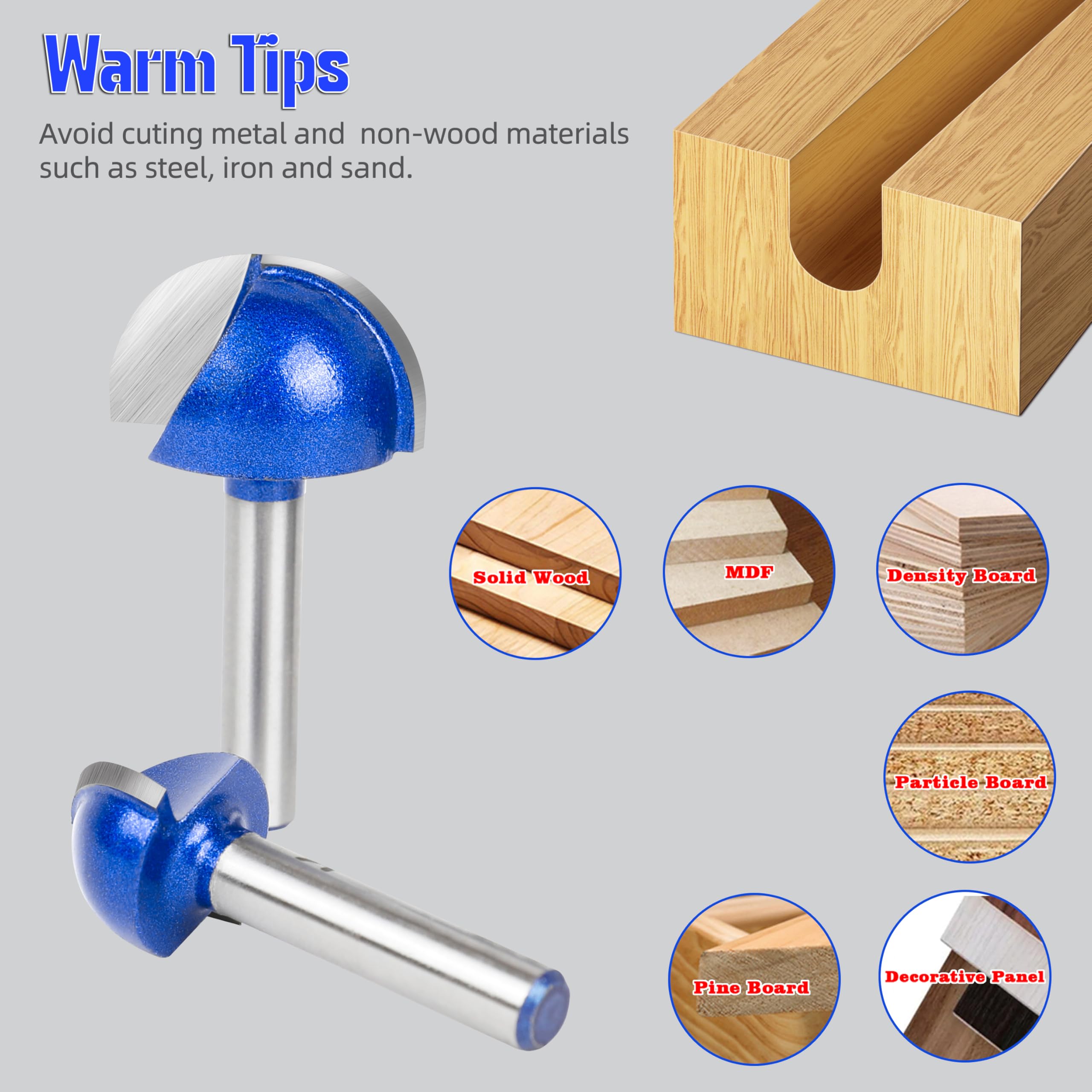 Set di 8 punte per fresa a punta tonda con gambo da 1/4", con punta in carburo da 1/4 5/16", 3/8", 1/2", 5/8", 3/4", 7/8", diametro di taglio, per fai da te, progetti di lavorazione del legno