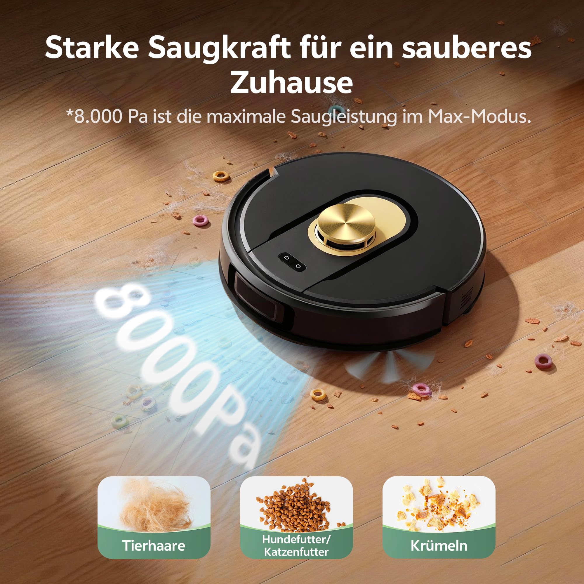 Vexilar Saugroboter mit Wischfunktion, 8000Pa & 180 Min Laufzeit Staubsauger Roboter mit LiDAR Lasernavigation & No-Go-Zonen, App/Alexa/iWatch Steuerung, Ideal für Tierhaare Teppiche (Schwarz)