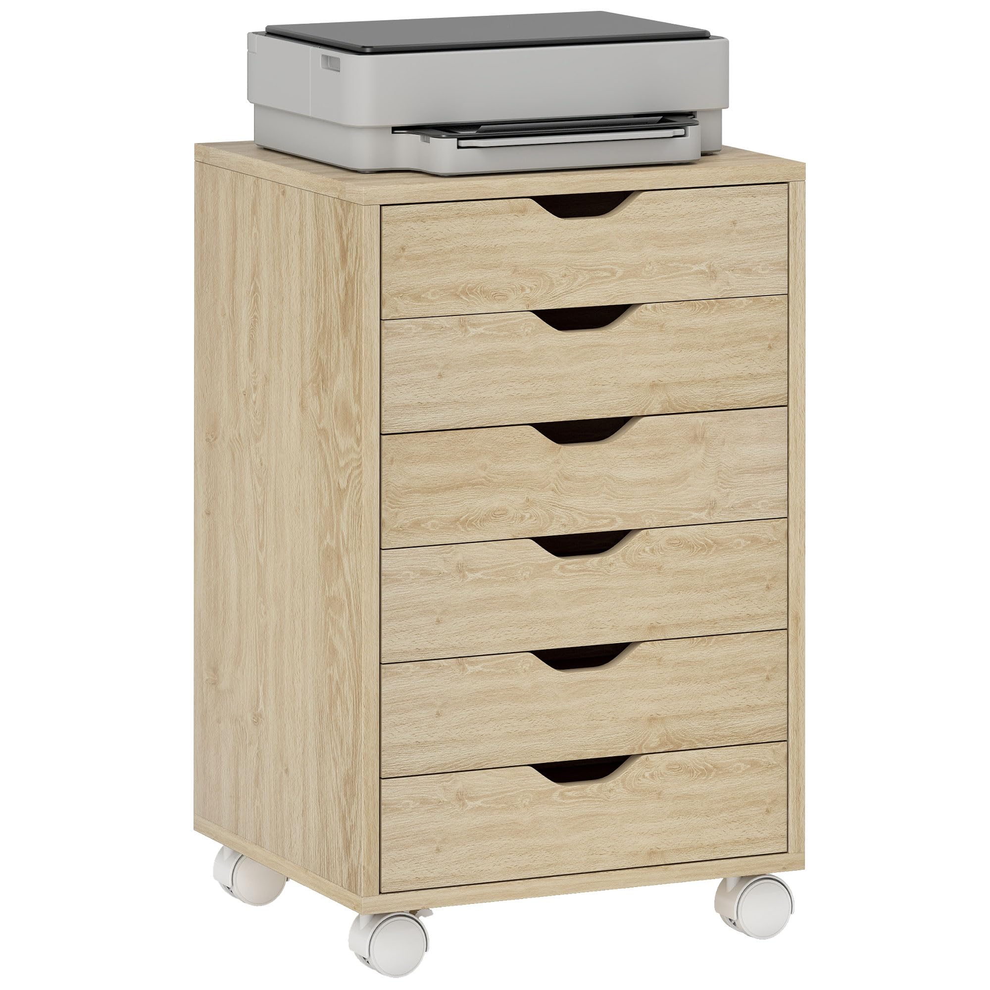 HOMCOM Caisson de Bureau 6 Tiroirs Silencieux, 40 x 35 x 63 cm, Chêne