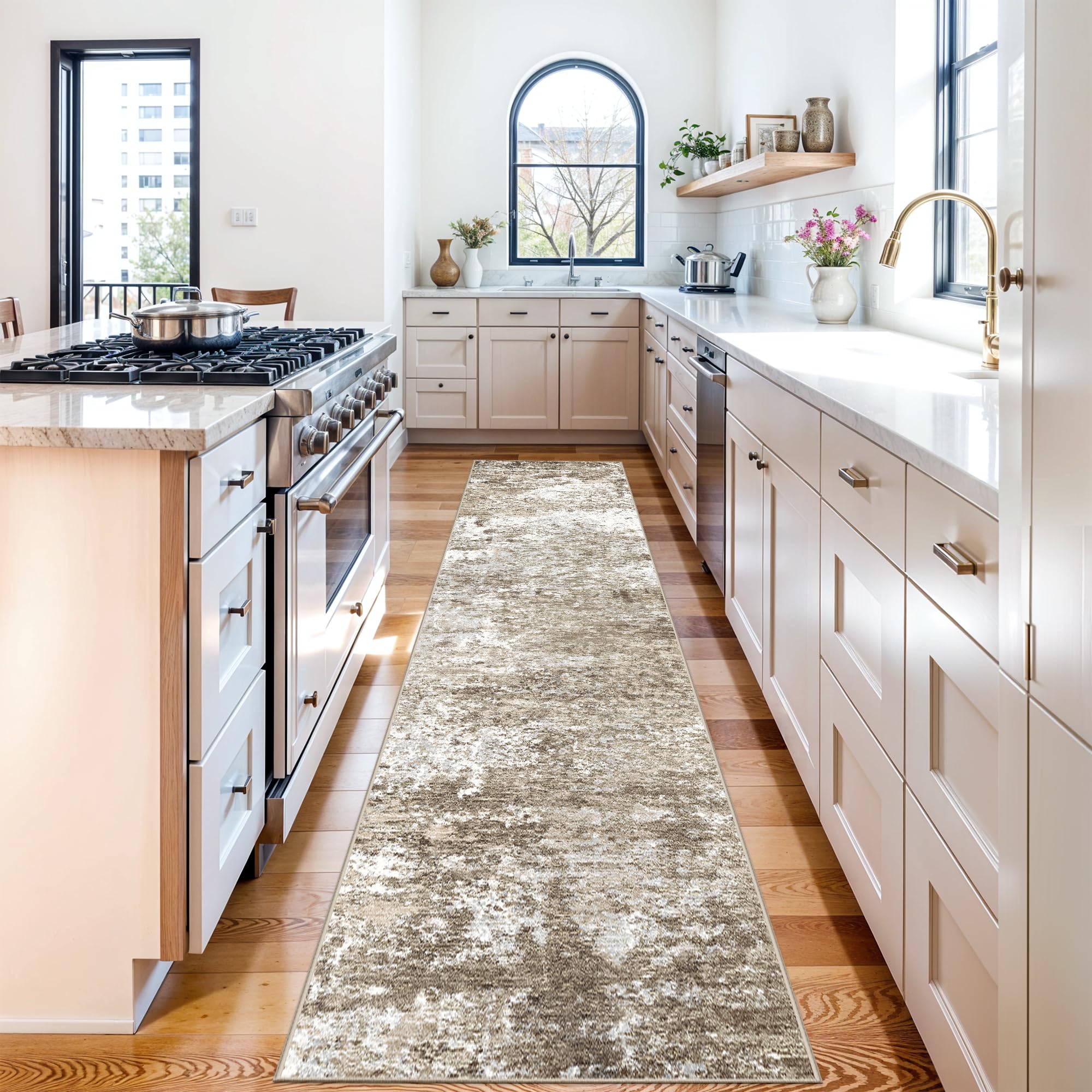 Photo 1 of YOUFORTONG Modern Abstract 2x12 Runner Rug: Soft Washable Kitchen Rugs Non-Slip Rubber Backing Hallway Runners Stain Resistant Non Shedding Thin Indoor Floor Decor Mat (Brown/Beige/White, 2X12)