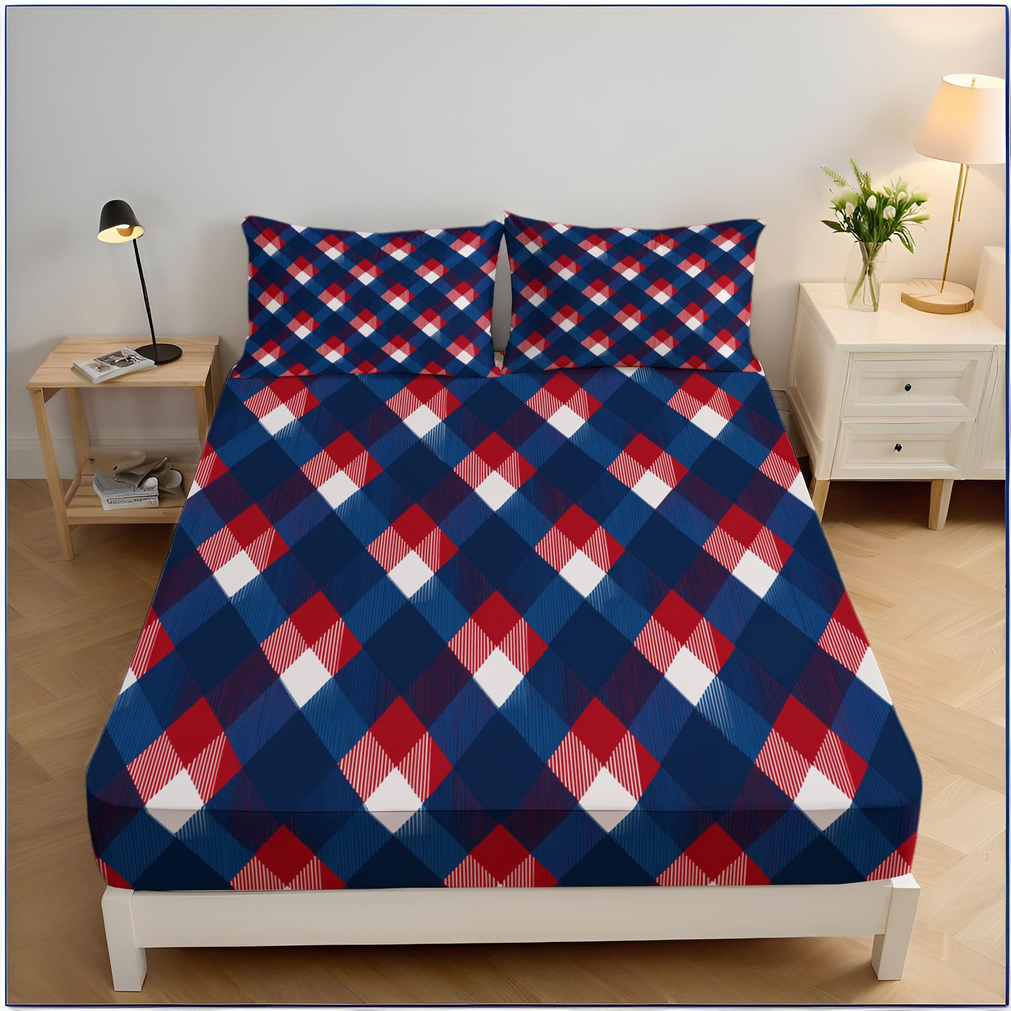 Drap housse microfibre 160x200 bleu imprimé treillis protection matelas épais