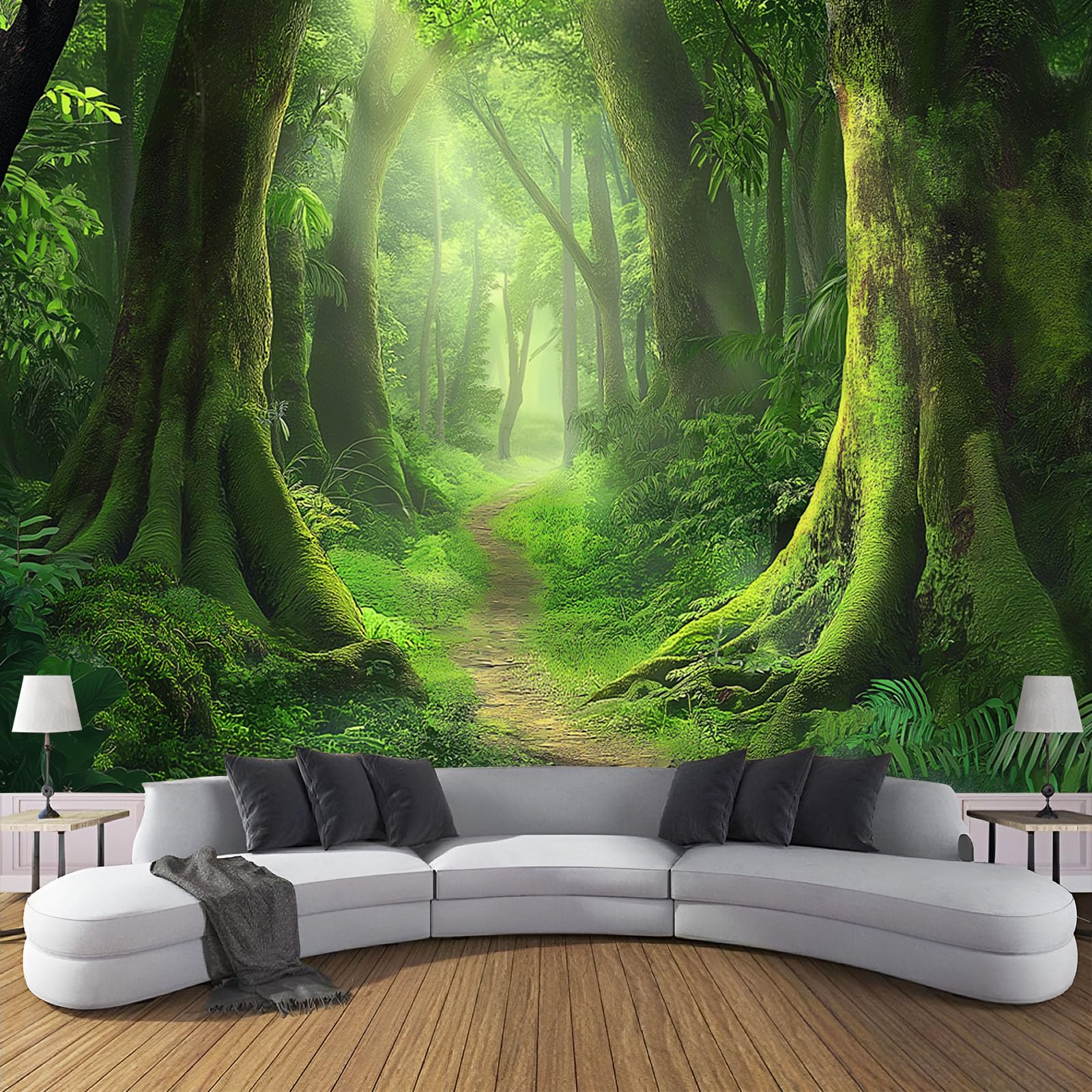 Forêt rétro papier peint panoramique en soie vert pour chambre cosy