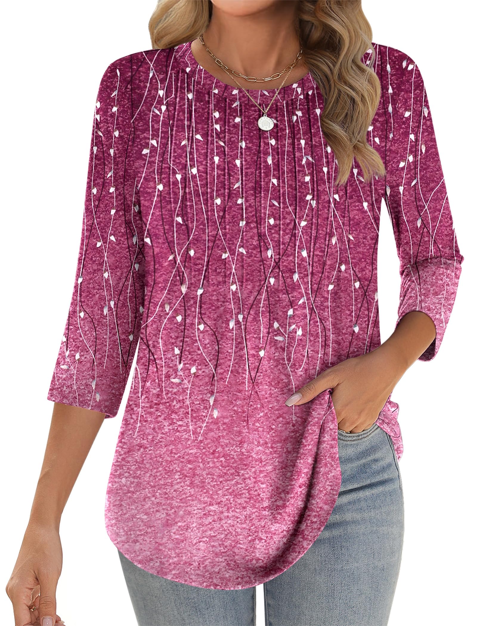 Zeagoo 3/4 Length Sleeve Womens Tops Crew Neck Loose Fit Shirts Pleated Cute Clothes Dressy Casual 2026 Summer Tunics