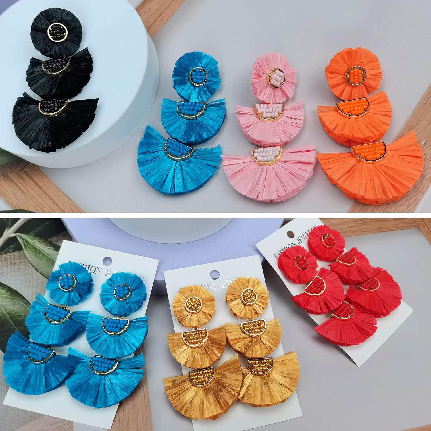 Statement Earrings Beaded Raffia Palm Bohemian Drop Dangle Earrings for women - Image 5