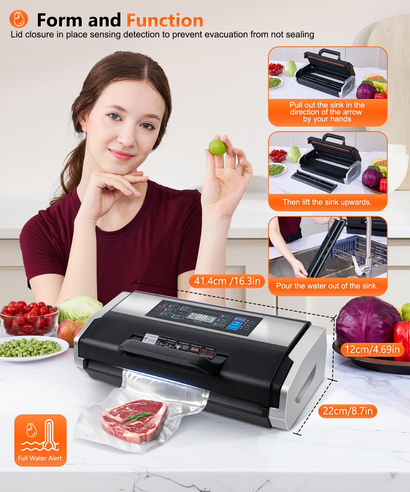 95KPa Vacuum Sealer Machine- Fully Automatic Commercial Food Sealer with 10-in-1 System, Double Heat Seal, Easy-Lock Handle & Built-in Cutter, Includes 1 Roll + 15 Bags (Black Silver) - 5
