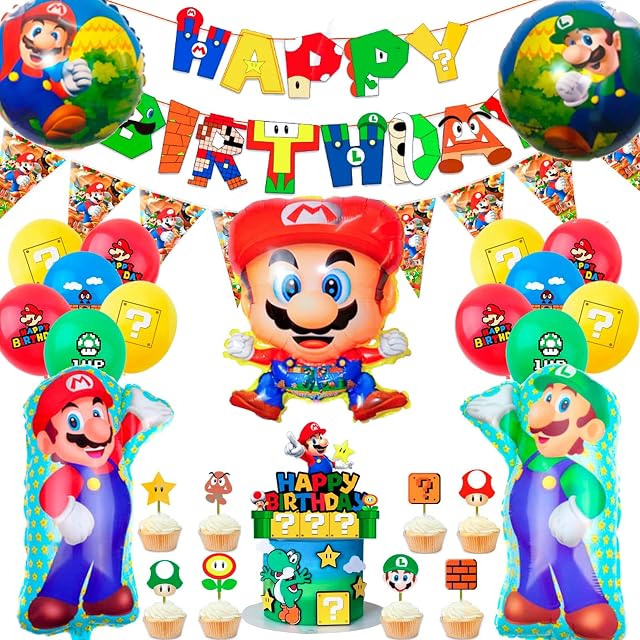 Super Mario Birthday Party Supplies,44pcs Super Mario Party Decorations Set-Super Mario Bros Balloons,Super Mario Banners Cake Toppers ect Super Mario Theme Party Decorations for Kids Boys/Girls