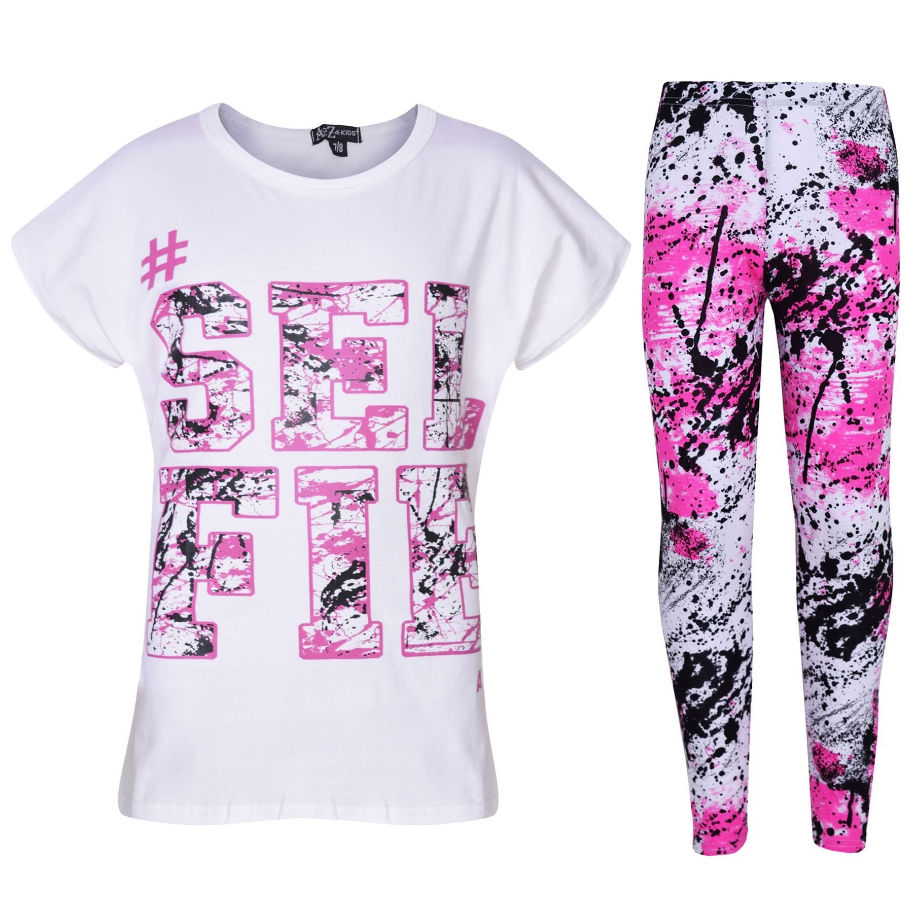 A2Z 4 Kids Girls Top Kids SELFIE Splash Print T Shirt And Legging Set - Selfie Splash Set. White 9-10