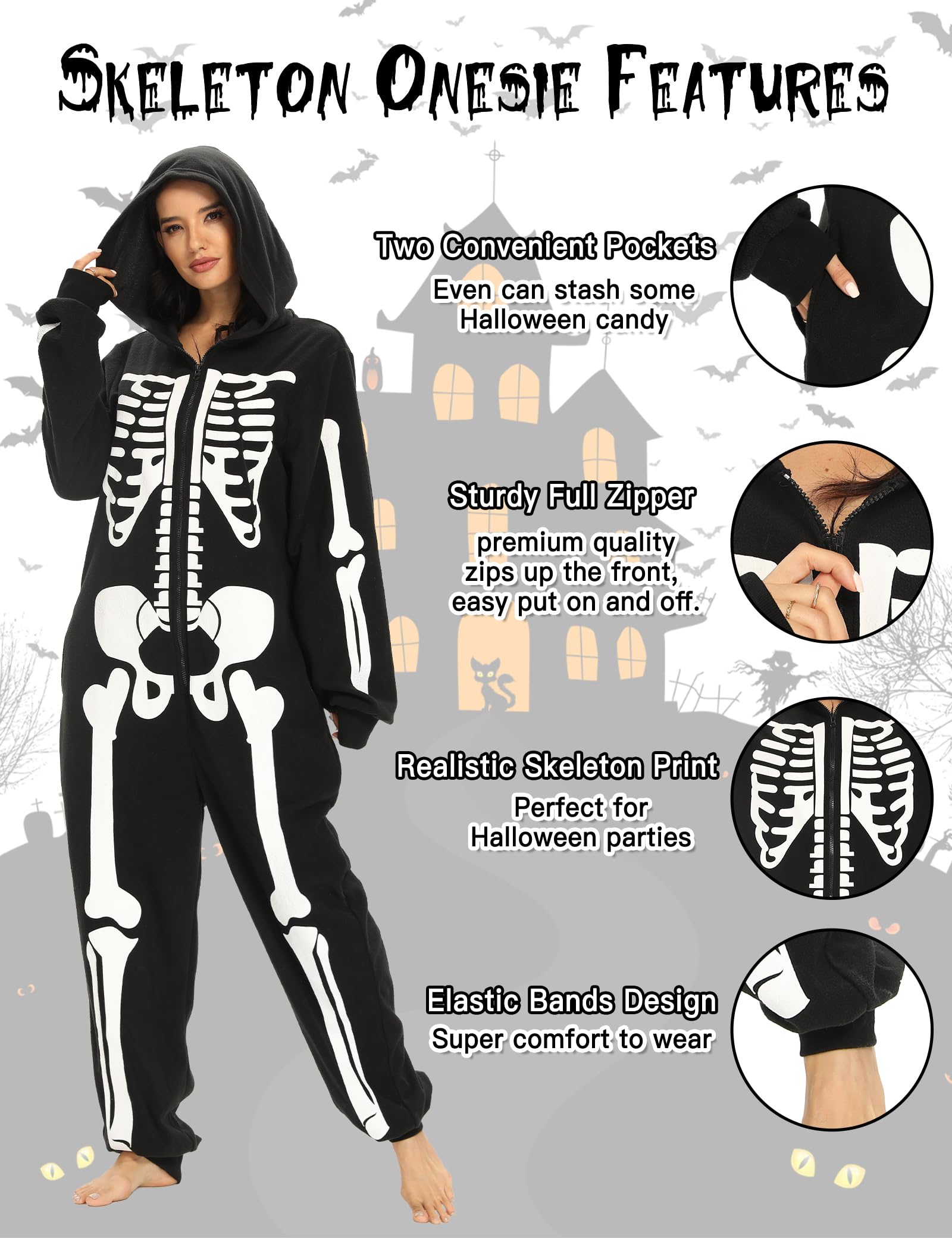 Disfraz de esqueleto para mujer adulta, pijama de Halloween, talla grande, traje acogedor para niña, fiesta de cosplay