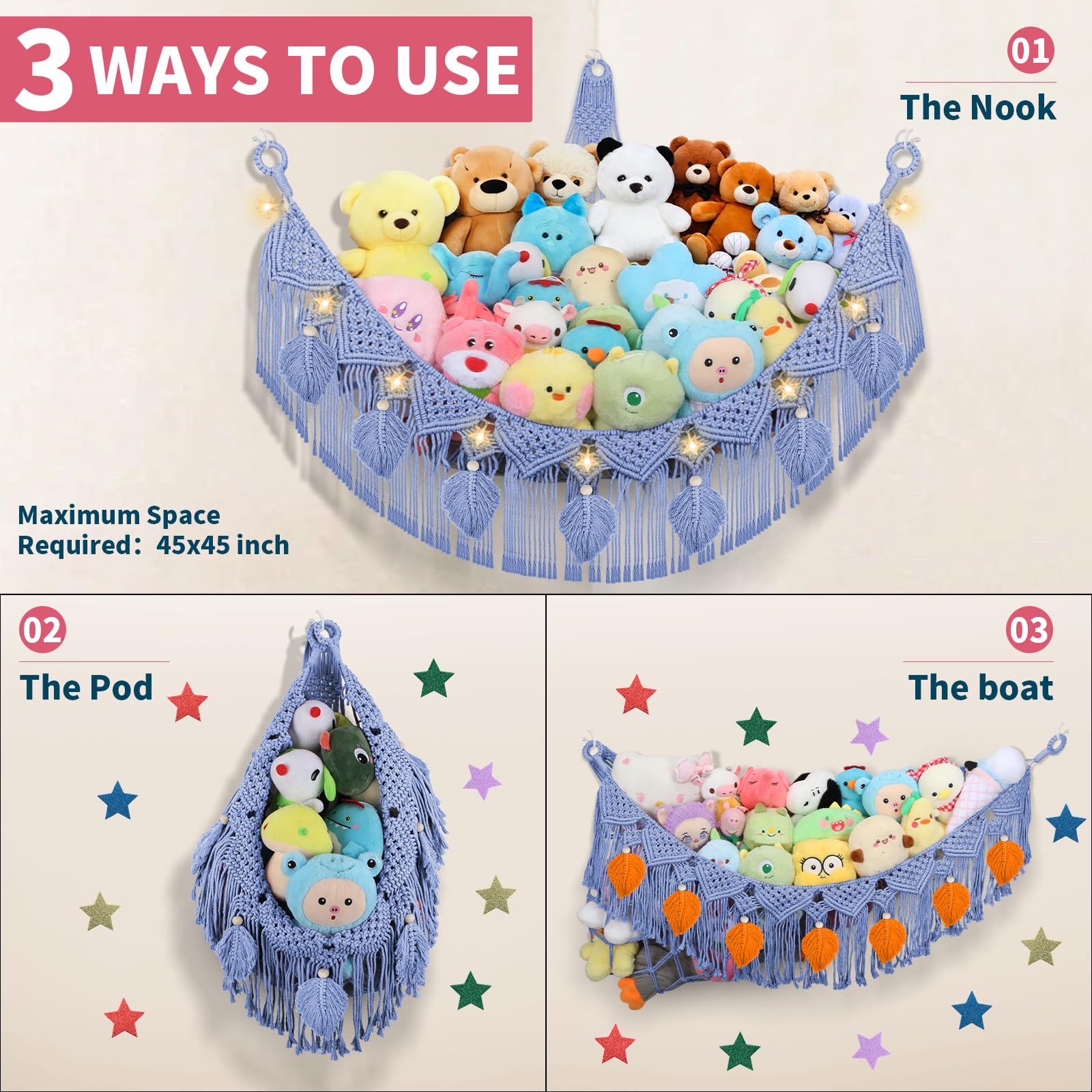 Stofftier-Hängematte, Boho-Blattquasten, Eckspielzeughalter, Wandmontage, Hängenetz-Organizer für Kinderzimmer, Dekoration, Plüschtiernetz mit Lichterkette für Jungen und Mädchen, Himmelblau