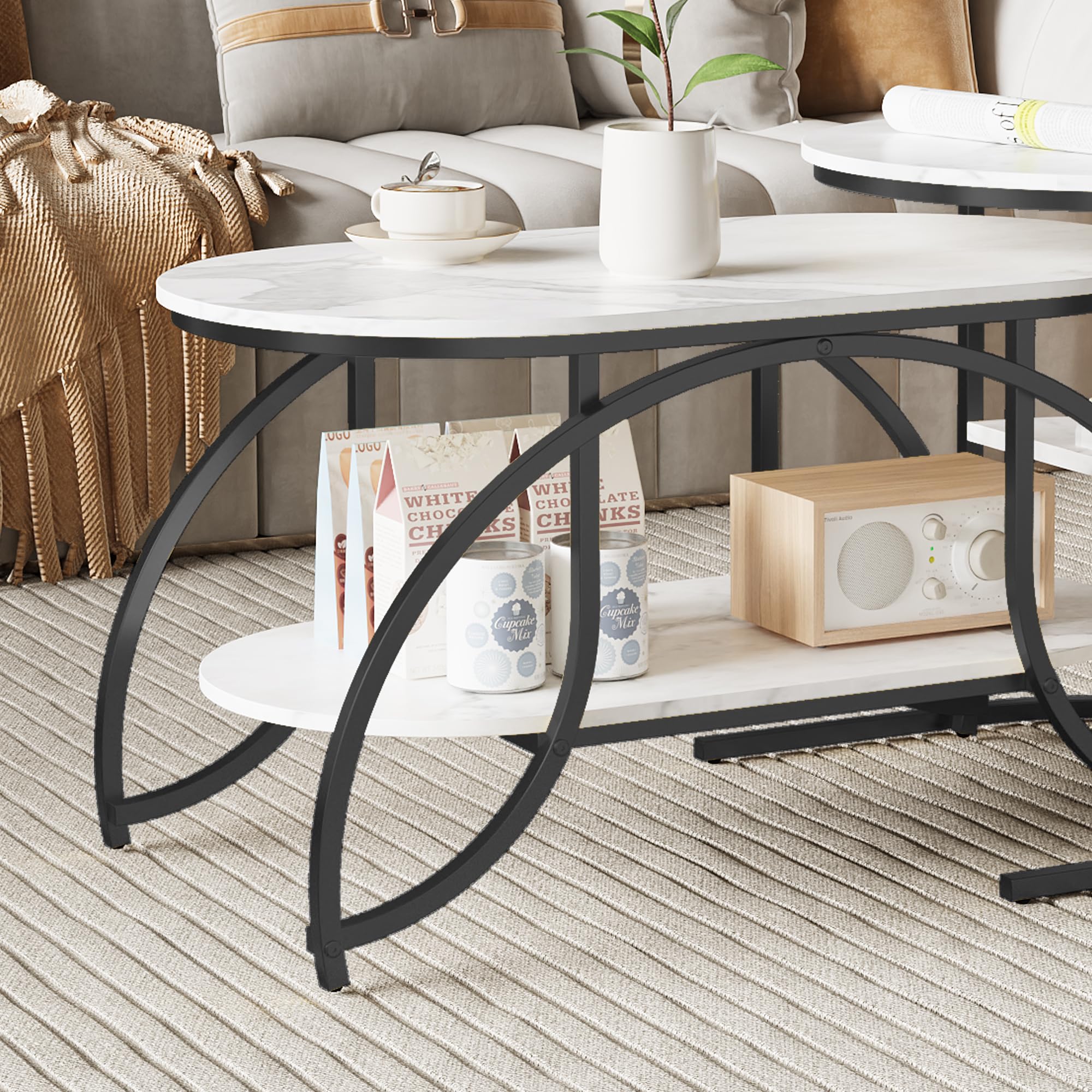 KeepGoon Table Basse Ronde avec Rangement, Tables Basses de Salon Moderne à encastrer empilable, Tables gigognes de Salon latérale en marbre plaqué, Table de Canapé avec Cadre Métallique Robuste