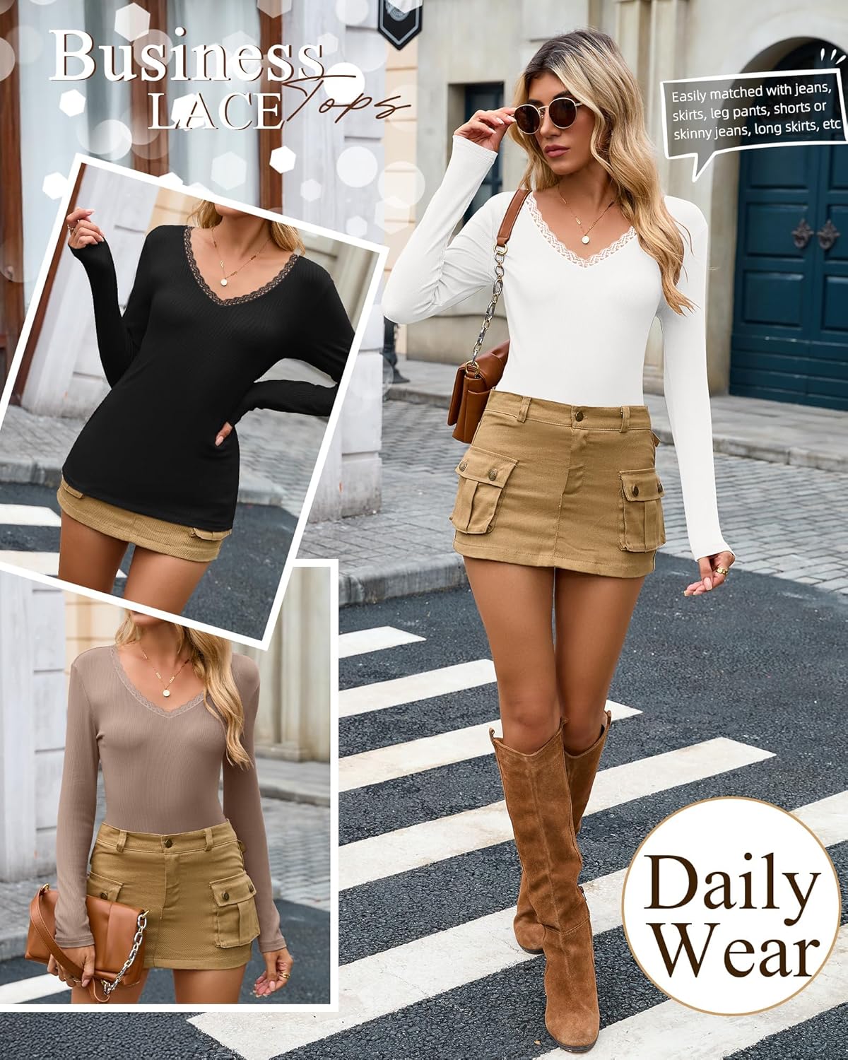 3 Pack Women's Cotton Long Sleeve Shirts, Ribbed Knit Deep V Neck T-Shirts Lace Sexy Tight Tees Slim Fit Tops - Image 4