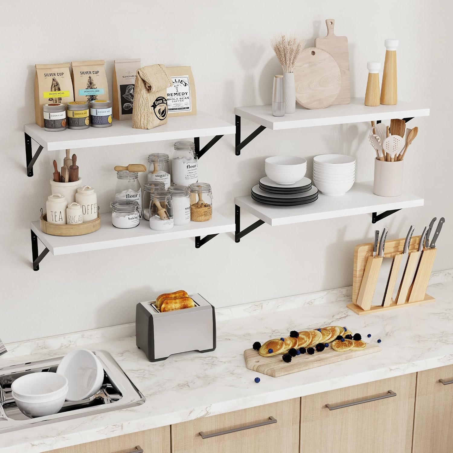 Axeman Deep Floating Shelves - 16 Inch Wide x 12 Inch Deep White Wall Shelves Set of 2-12 Inch Deep White Wood Shelves for Wall Storage & Decor