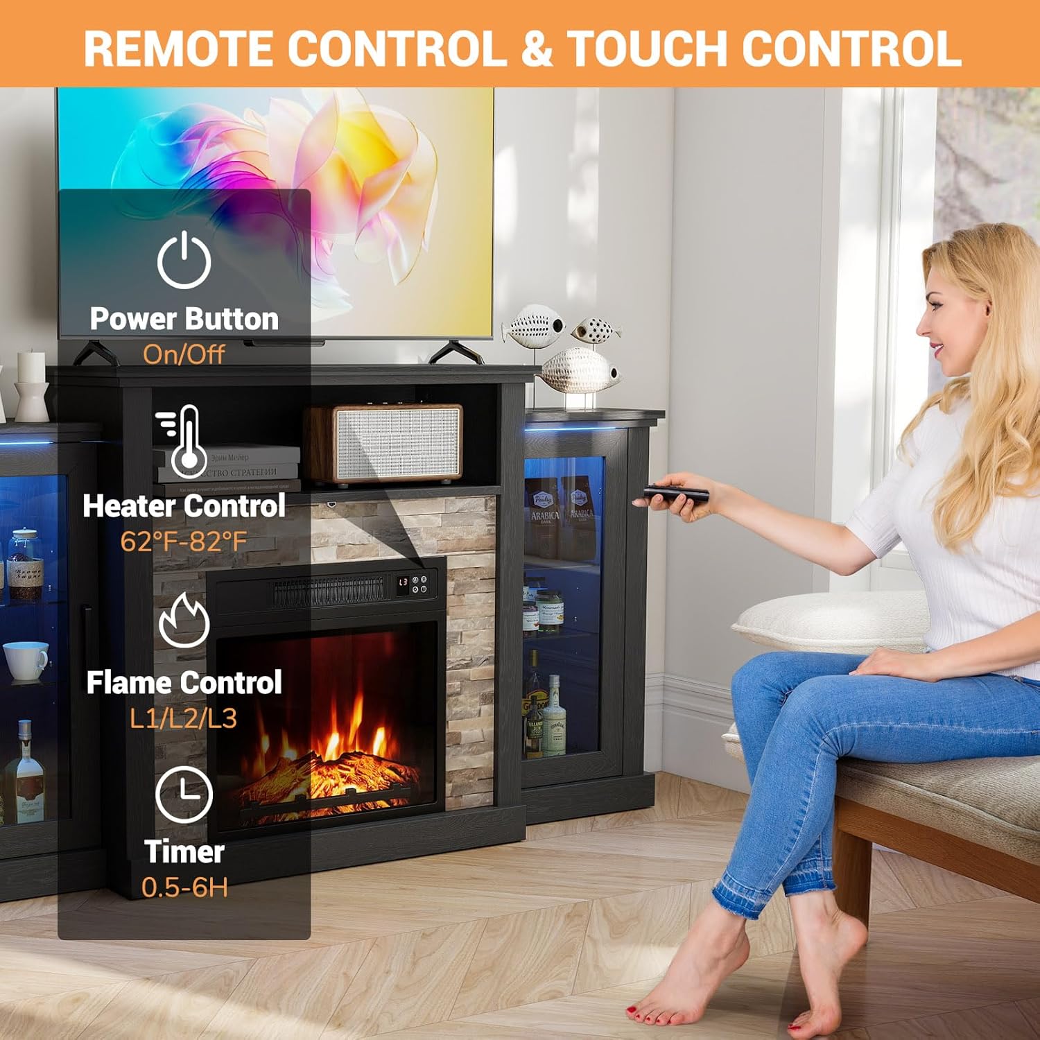 ARLIME 59 Inch Electric Fireplace TV Stand, Fireplace Heater with Mantel, 19 Inch Fireplace Insert with Remote/App Control, 16 Color LED Lights & Overheat Protection for Living Room (Black)