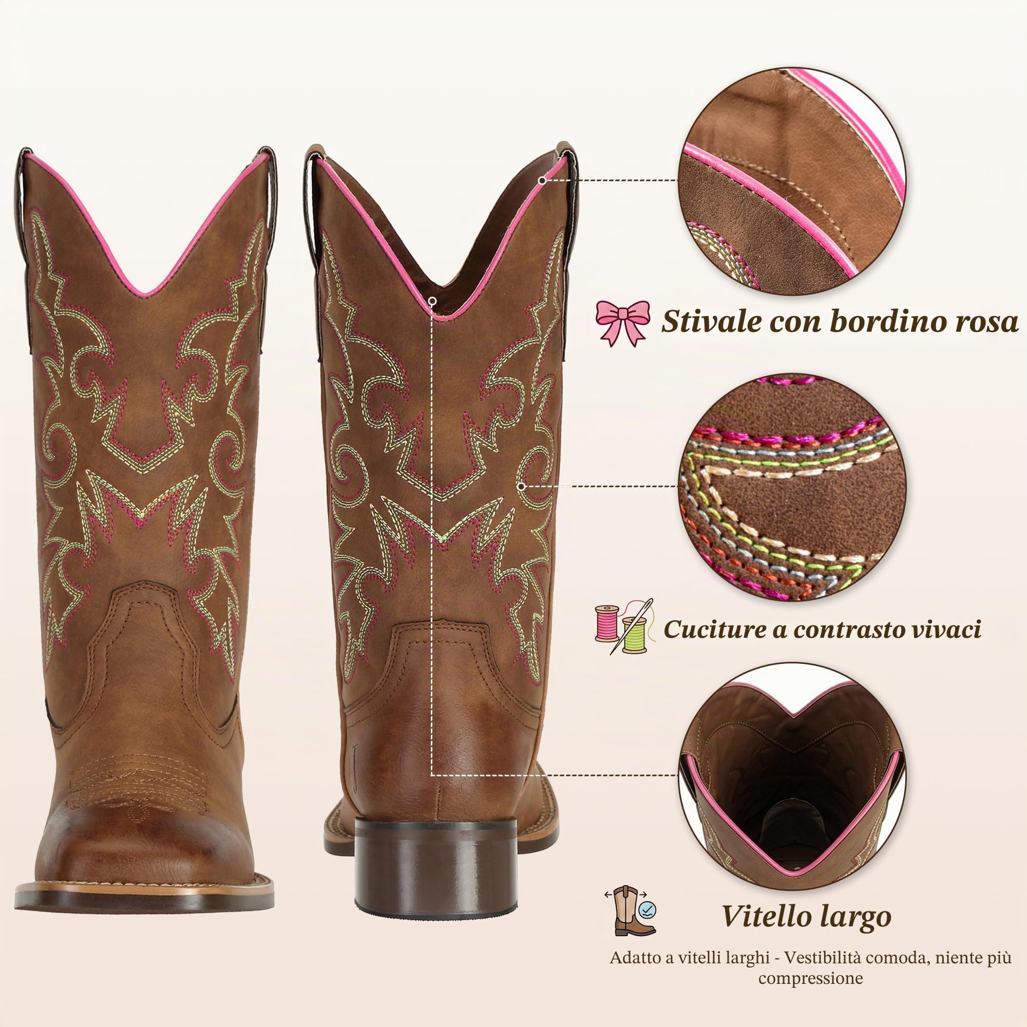 J's.o.l.e Stivali da cowboy da donna, stile western, metà largo, punta quadrata, stivali da cowgirl, per equitazione, scarpe ricamate, Marrone, 38 EU