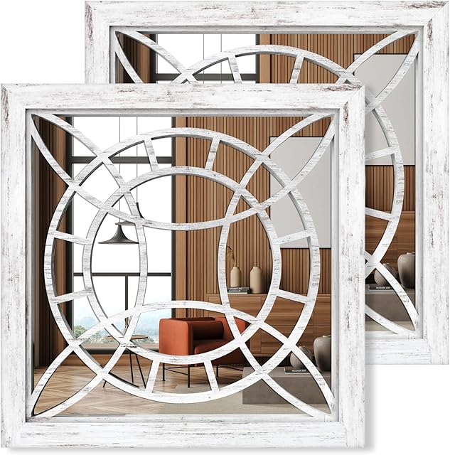 ART-GIFTREE Square Mirror Wall Decor 2PCS, Farmhouse Indoor/Outdoor Wall-mounted Mirrors 12x12 inches for Living Room, Hallway, Entryway, Garden Mirrors Outdoor for walls(Shabby Whitewashed Wood)