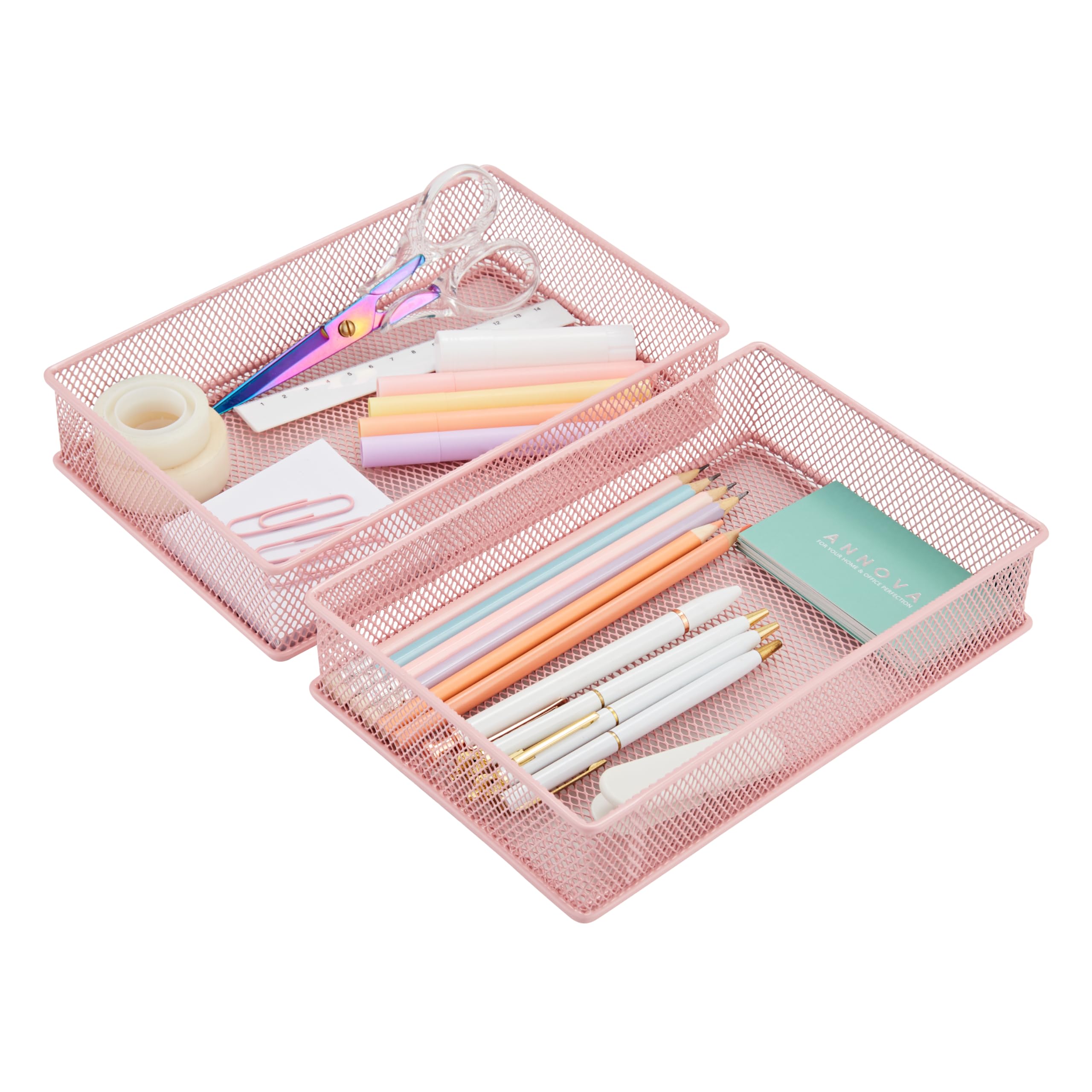 Annova Mesh Drawer Cabinet and Shelf Organizer Bins Storage Basket School Office Supply Holder Tray- Set of 2 (Light Pink, 23x15x5 cm)